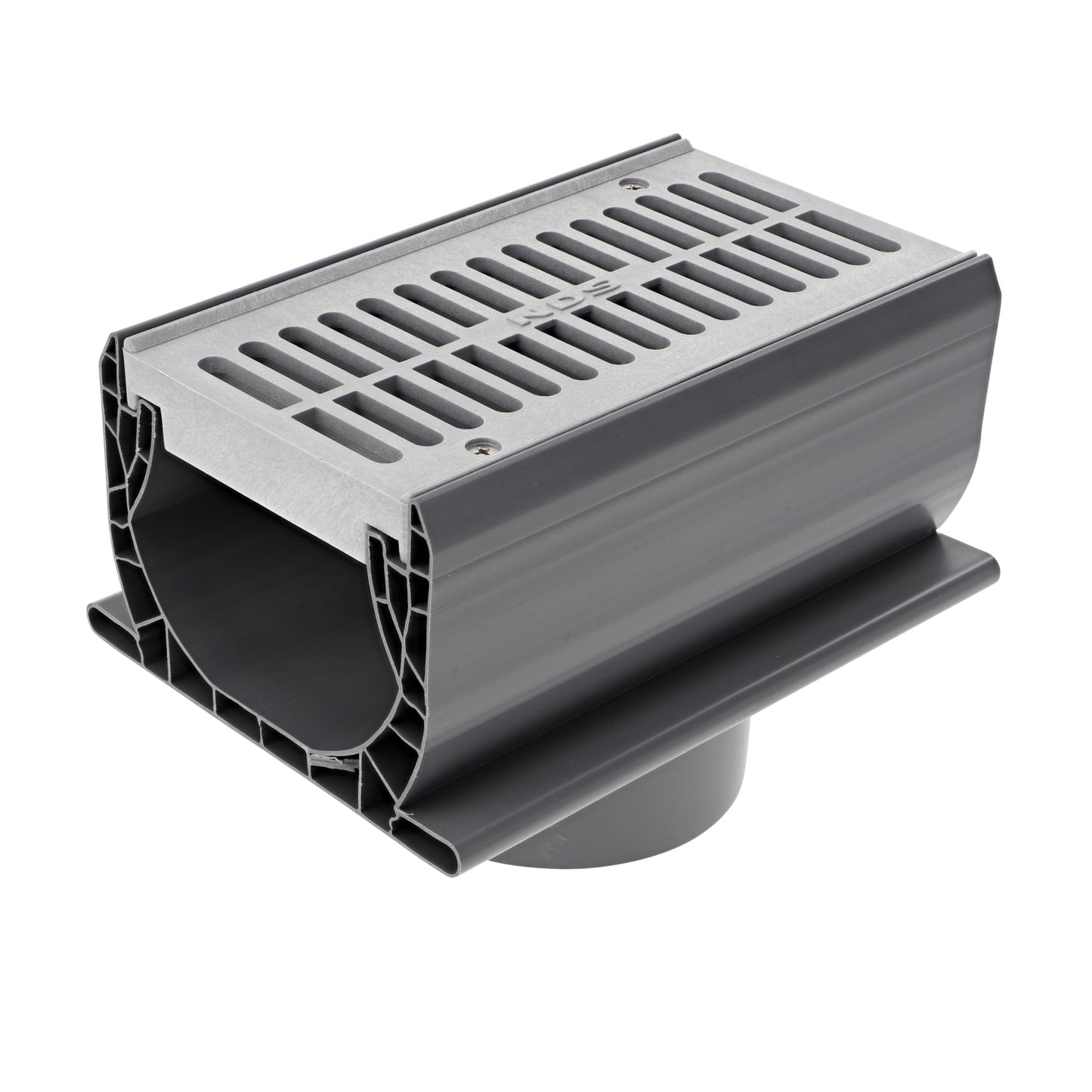 NDS 2351 Spee-D® Channel Drain Bottom Outlet Assembly, 4-3/4-Inch X 7-Inch, includes both Channel and Prefastened Plastic Grate, Gray