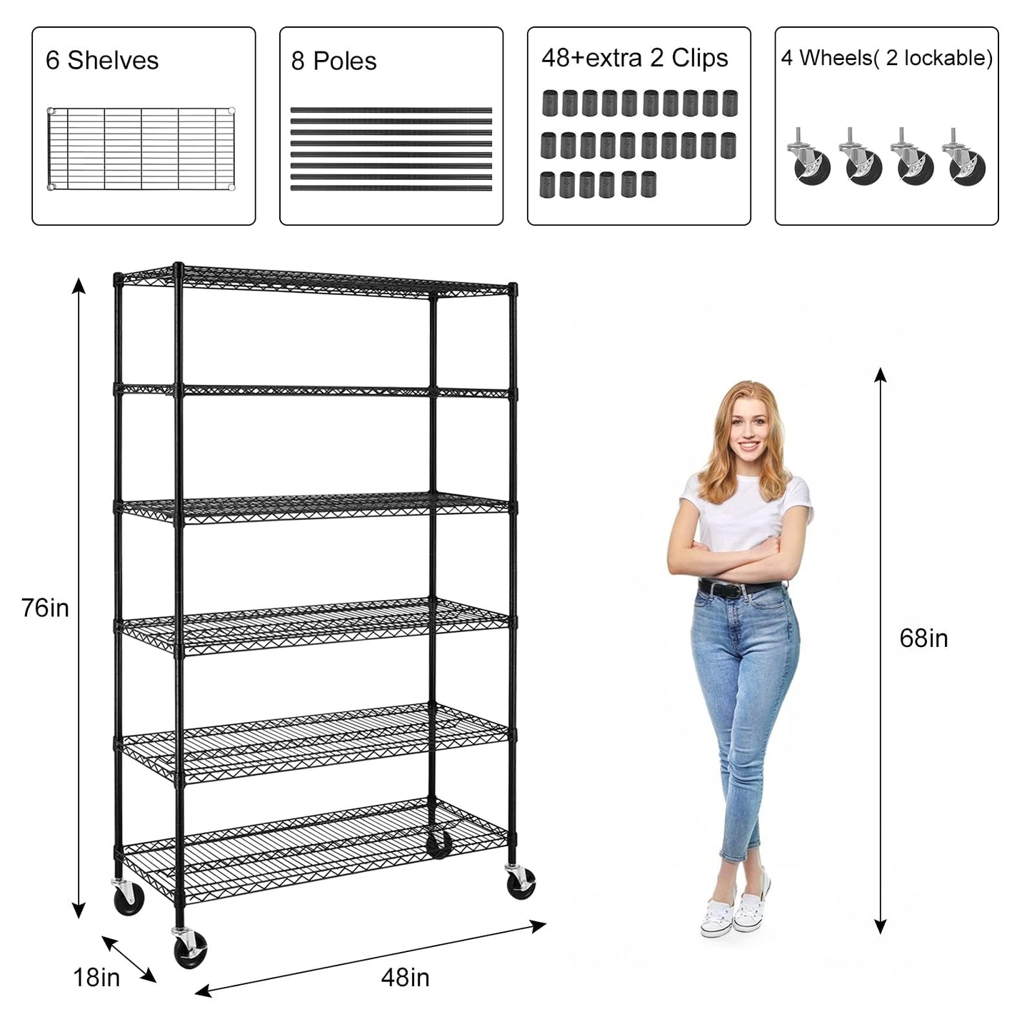 Meet perfect 6-Tier Wire Shelving Unit with Wheels, 72" H x 48" W x 18" D Heavy Duty Metal Shelf, 6000LBS Capacity Adjustable Utility Storage Rack for Garage Pantry Kitchen Warehouse