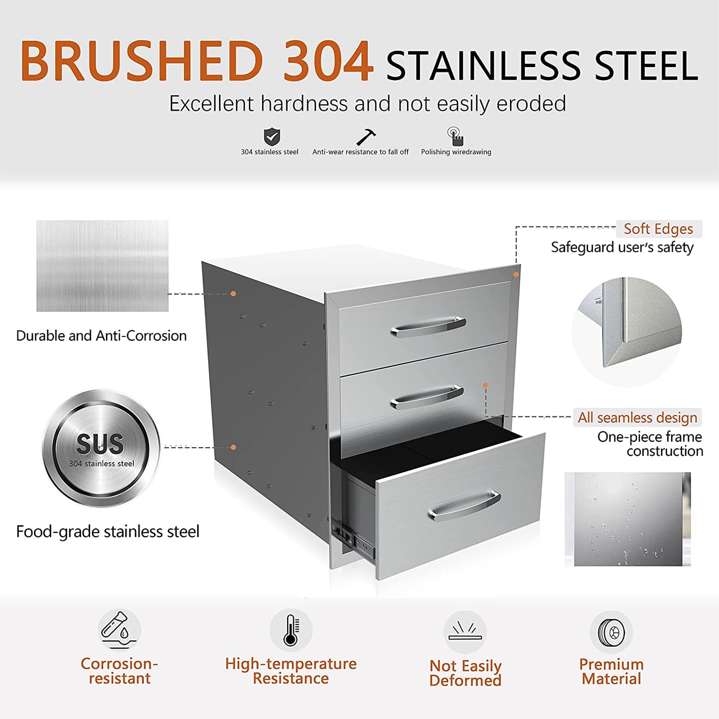 KODOM Outdoor Kitchen Drawers 14W x 21H x 23D Inch, Flush Mount Access BBQ Island Drawers for Outdoor Kitchens or Patio Grill Station
