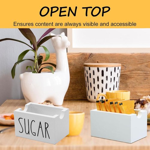 ESEHGS Sugar Packet Holder For Coffee Bar,Wood Sugar Packets Caddy, Farmhouse Sugar Cube Holder, Small Sugar Container Tea Bag Organizer for Table, Office,Hotel, Restaurant (White)
