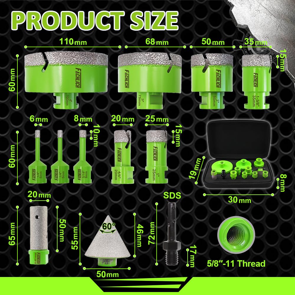 Tile Hole Saw Kit - 12pcs Diamond Core Drill Bits Set 1/4" 5/16" 4/5" 1" 1-3/8" 2" 3" 4" with 4/5" Finger Bit 2" Beveling Chamfer Bit for Porcelain Ceramic Granite Marble