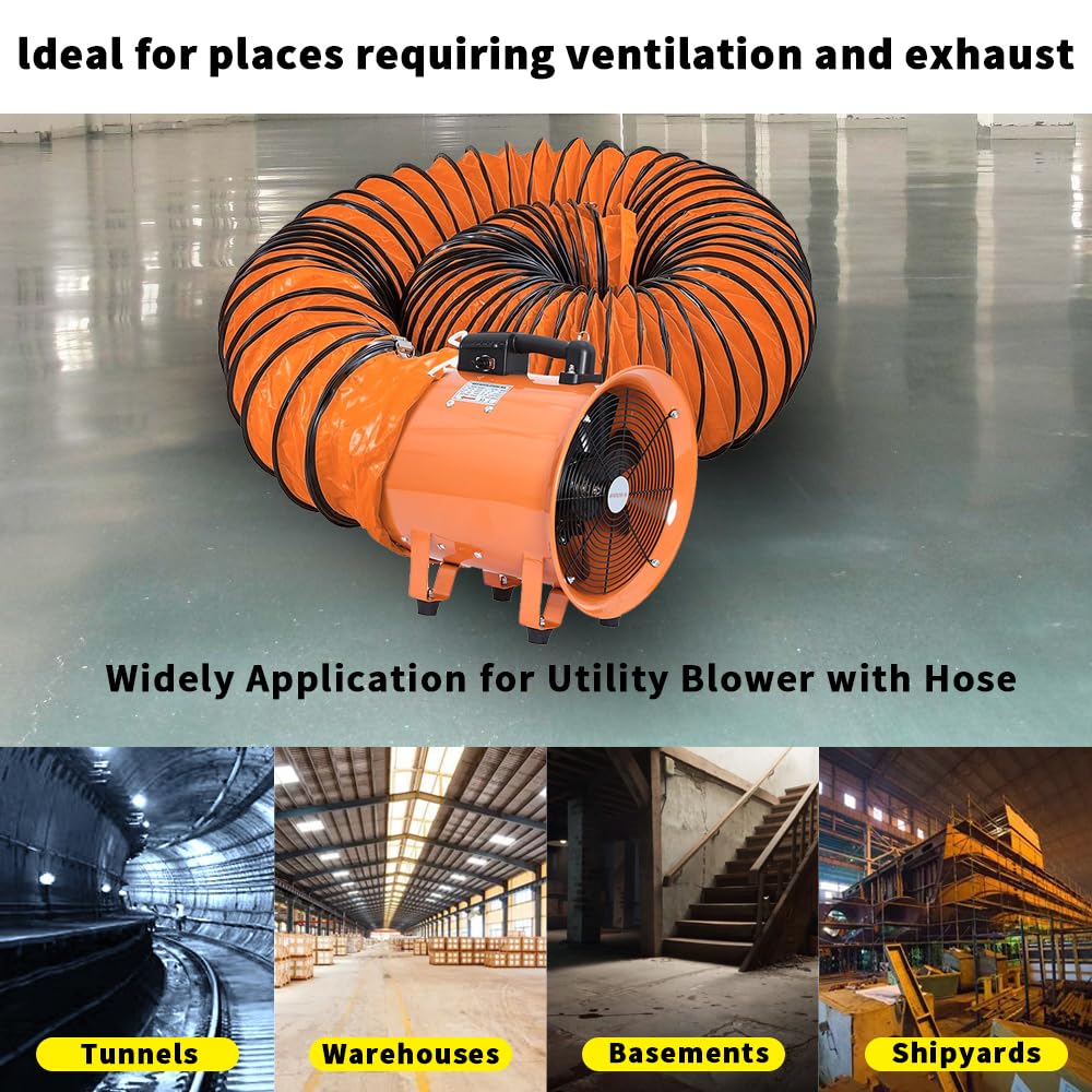 Utility Blower 8 Inch, High Velocity Ventilator With Duct Hose, Low Noise Portable Fan, Fume Extractor for Exhausting & Ventilating at Home and Job Site (8IN Fan+16FT Hose)
