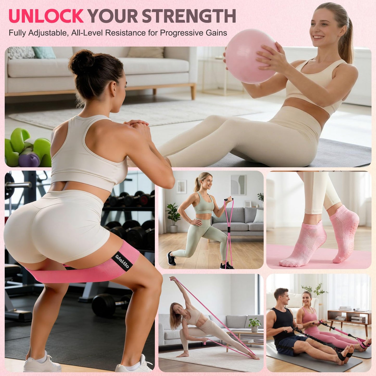WALITO 15 PCS Pilates Kit, Adjustable Pedal Resistance Band with Handle, Figure 8 Resistance Band for Exercise Women, At Home Workout Equipment Set with Yoga Ball & Booty Bands for Full Body Gym