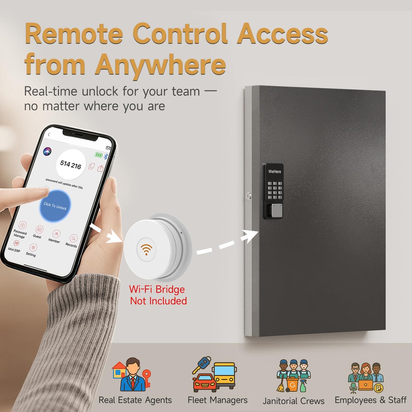 DiDiHere 96-Key Key Lock Box Wall Mount, Smart Key Management Cabinet with App, Key Access Log Tracking, Digital Keypad, Bluetooth & WiFi Unlock (Sold Separately) for School, Office, Business