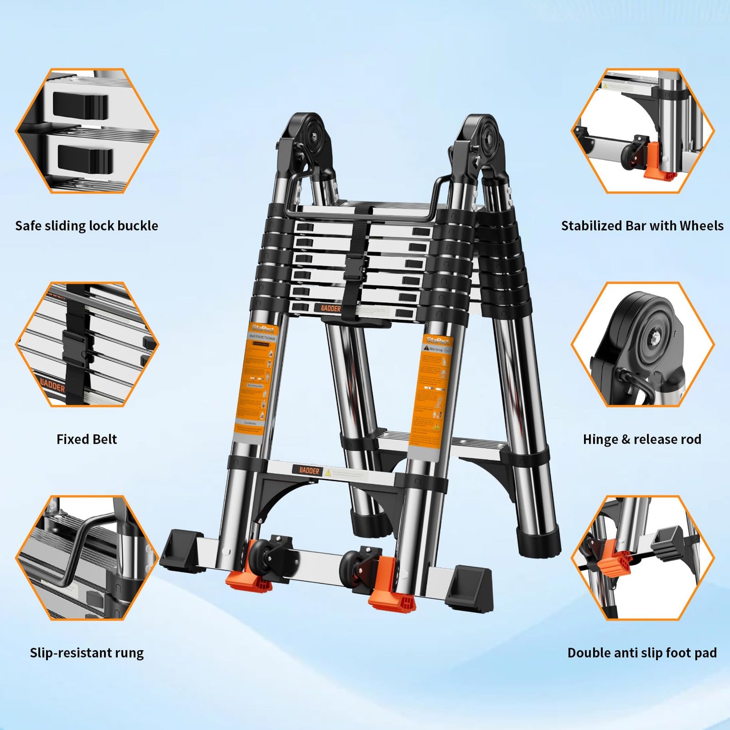 Telescoping Ladder A Frame,Telescopic Ladder for Home, Roof, RV，12.5 Ft Stainless Steel Extension Ladder with Balance Bar,Wheels and 2 Triangle Stabilizers，330 lb Capacity (12.5FT-A Frame)