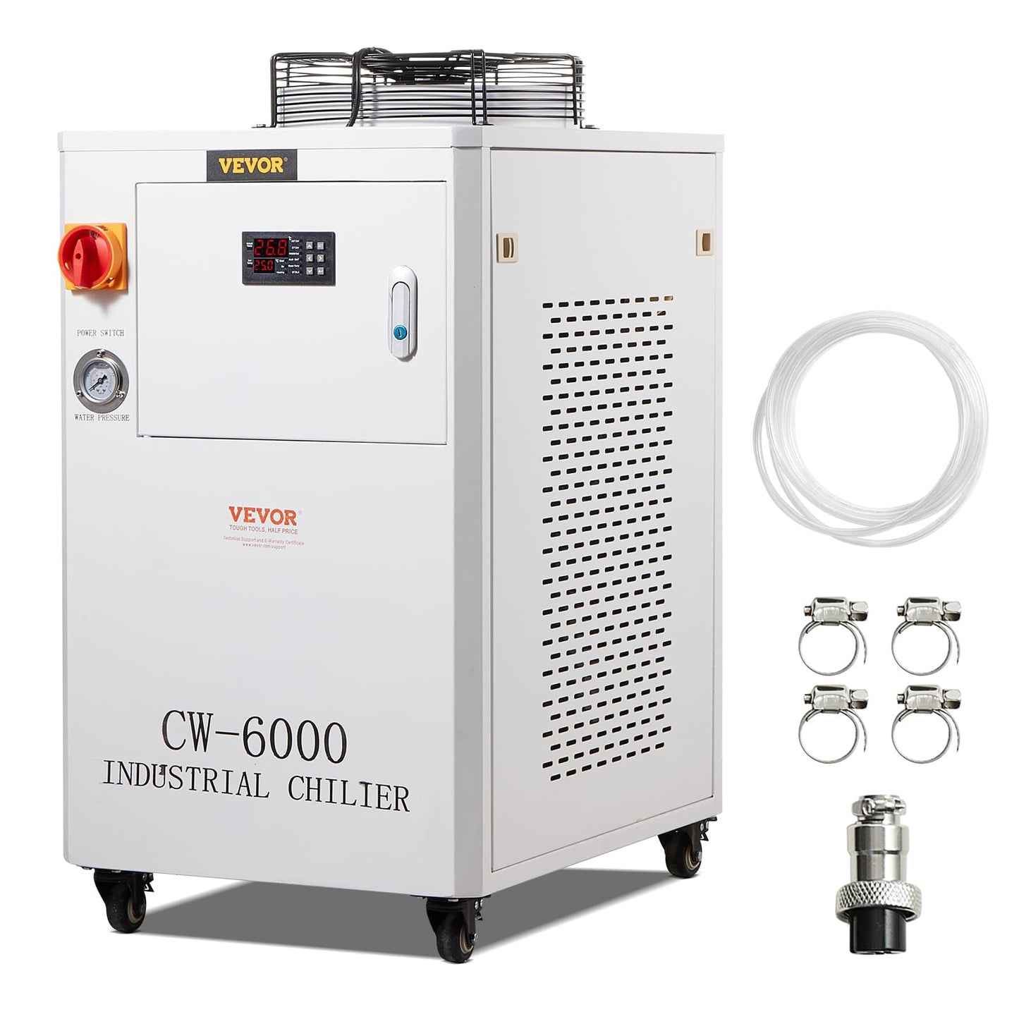 VEVOR Industrial Water Chiller, CW6000, Industrial Water Cooler Cooling System with Compressor 15L Water Tank Capacity 65 L/min Max Flow Rate, for 2 Sets of 300W CO2 Laser Engraving & Cutting Machine