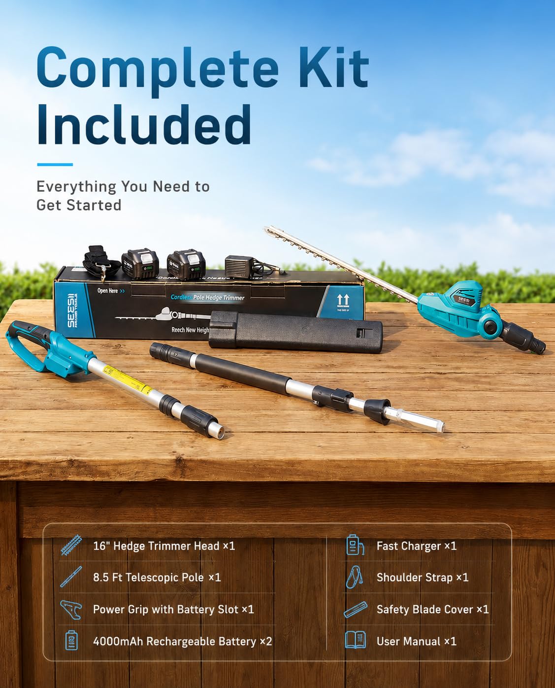 SEESII 20V Pole Hedge Trimmer Cordless, Electric Hedge Trimmer with Extension Pole, 8.5 FT Telescopic Pole with Shoulder Strap, 2 Packs 4.0Ah Batteries & Charger, Long Reach Bush Shrub Trimmer