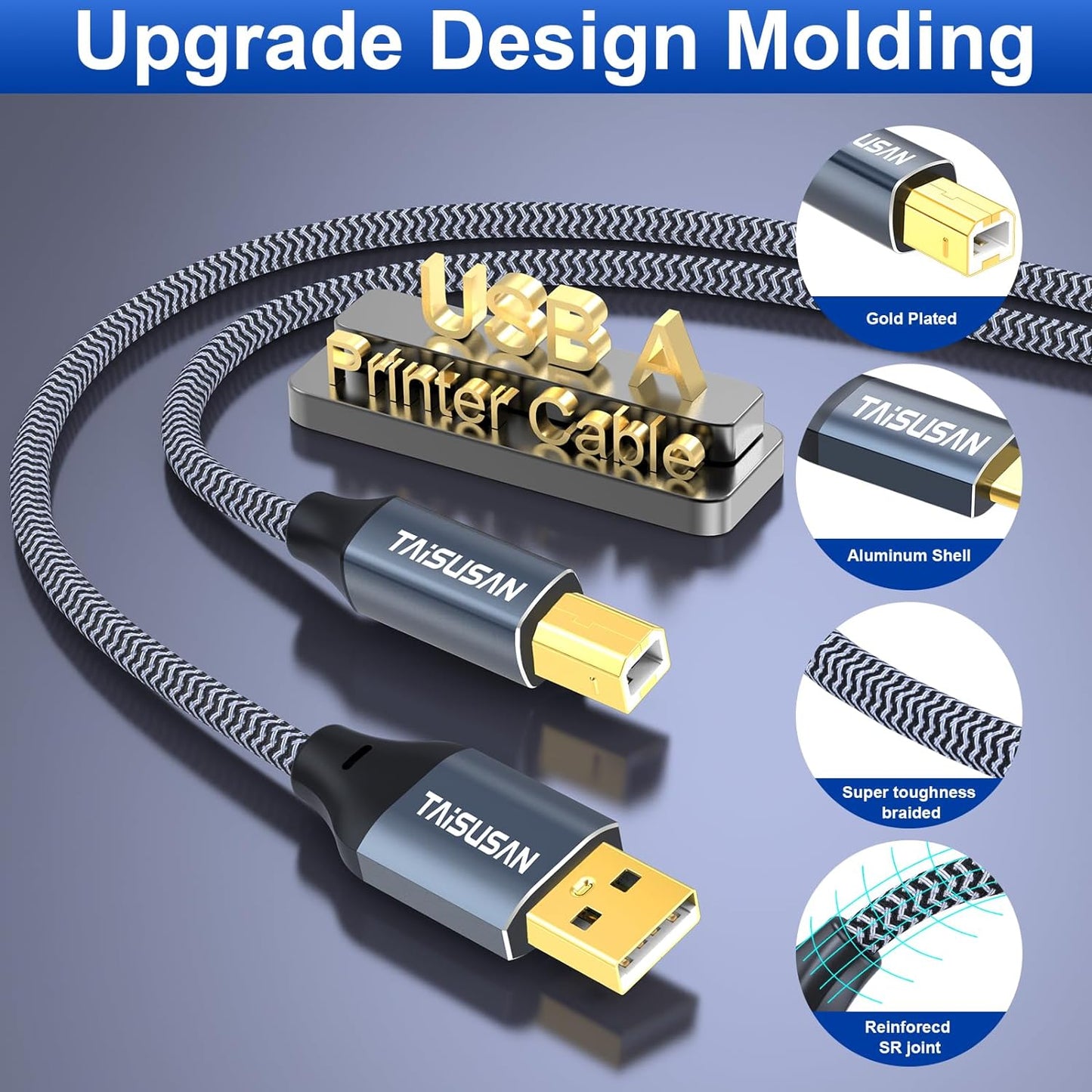50ft 2.0 USB Printer Cable, High Speed USB A to USB B Printer Cord Compatible for Keyboard,MacBook,Printers