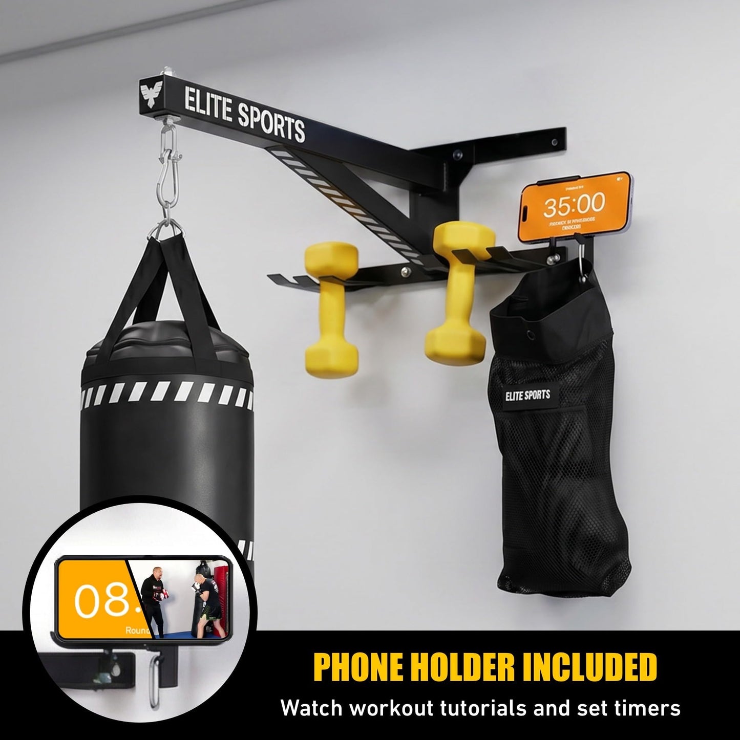 Elite Sports Heavy Duty Wall Mount Punching Bag Hanger, Fixed Stainless Steel Boxing Bag Bracket with Phone Holder, Jump Rope & Dumbbell Hooks, for MMA, Muay Thai, Kickboxing, Gym & Home Training