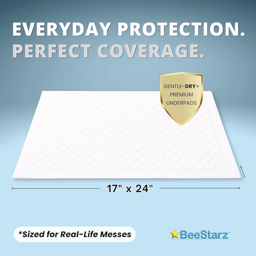 BeeStarz® Gentle-Dry+™ Disposable Underpads - Ultra Absorbent 17” x 24” Baby Changing Pads | Waterproof Bed & Furniture Protection