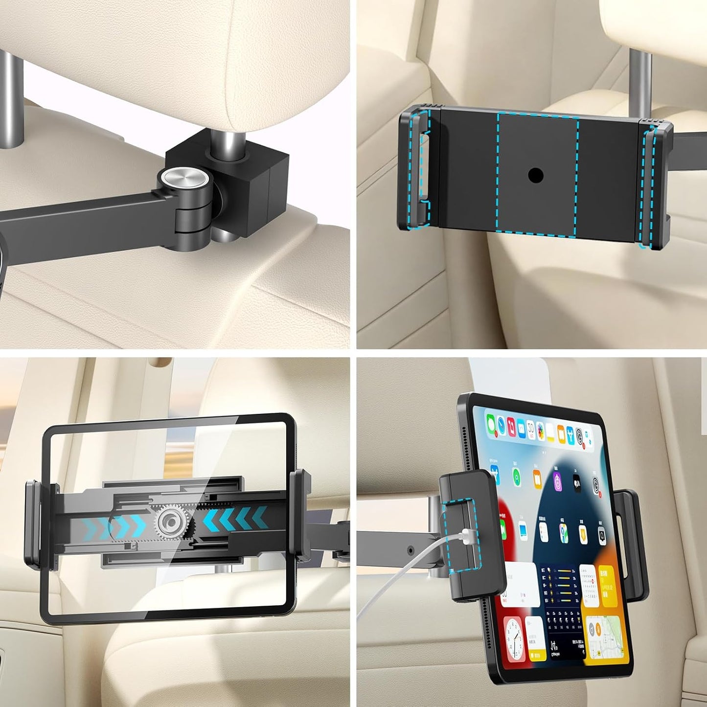 UPERGO Headrest Car Tablet Holder - [Long Aluminum Extension Arm] [Ultra-Compact] Foldable iPad Holder for Car