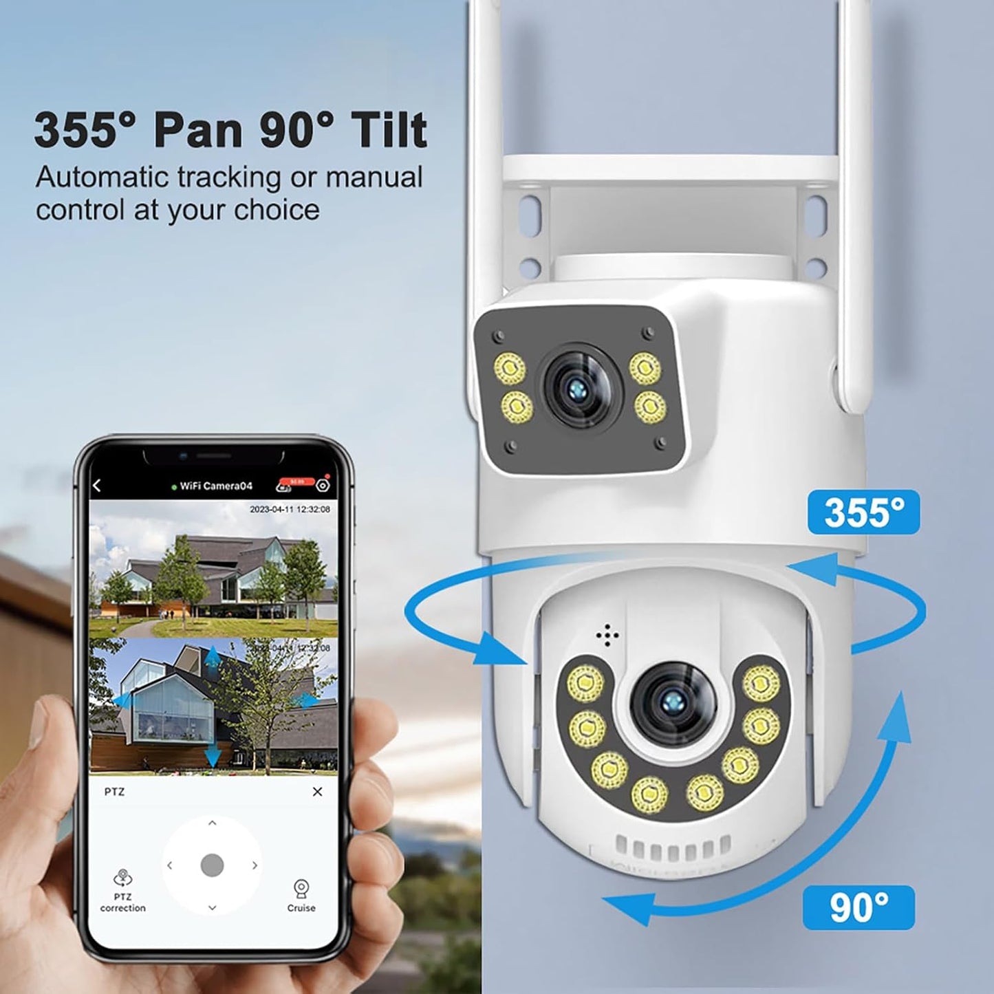 Dosilkc 1080P 360 PTZ Outdoor Security Camera, Dual Lens Linkage Wireless WiFi Cameras for Home Security, View Auto