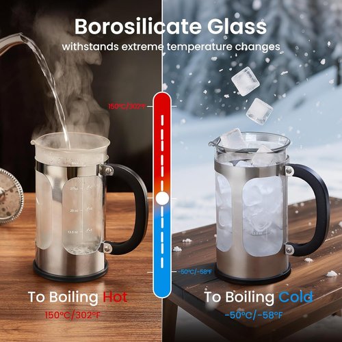 BAYKA French Press Coffee Maker - 34oz Cold Brew & Iced Coffee Pot | Durable Borosilicate Glass, Silver