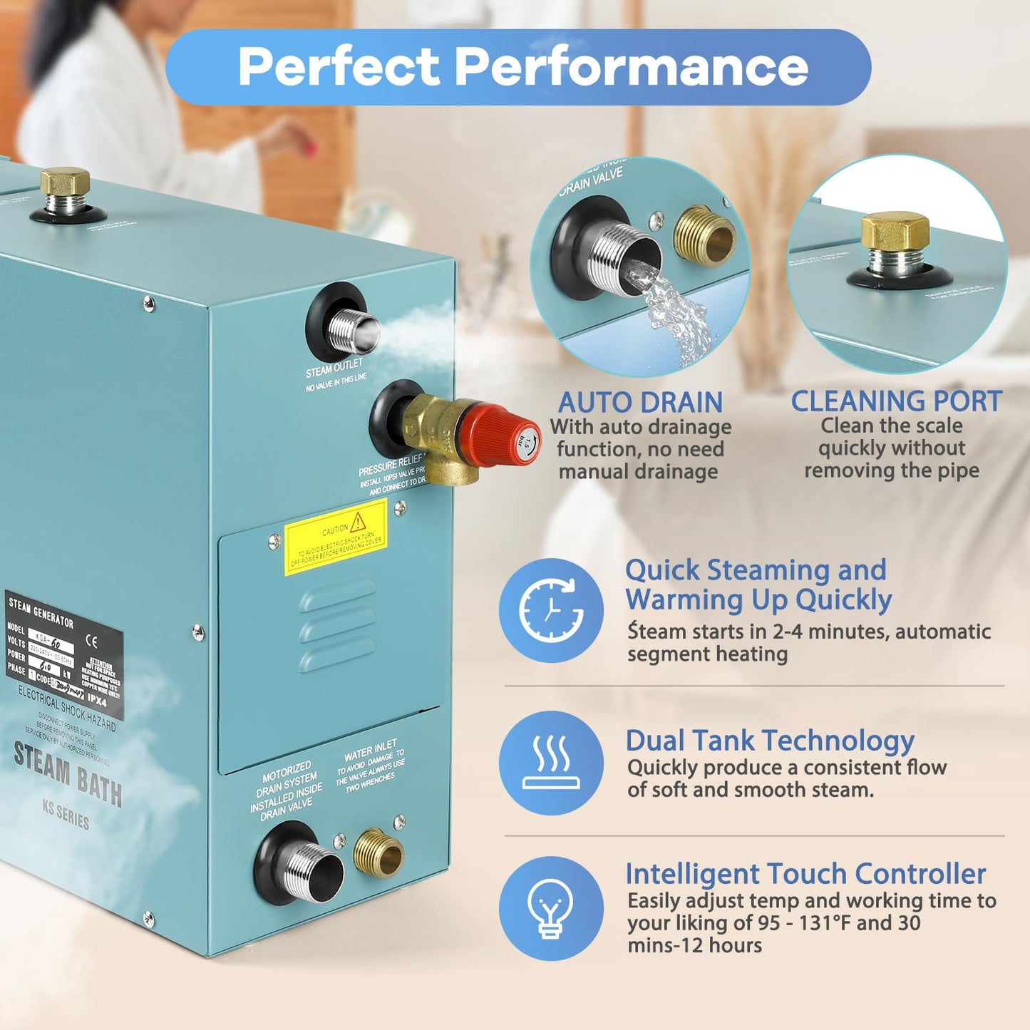 Kooby 12KW Luxury Self-draining Steam Generator Shower Sauna Bath Home Steam Bath Spa Generator with Waterproof Control and Auto Drain 95-131℉ for Max Space Heating 13 m³ (460 ft3)