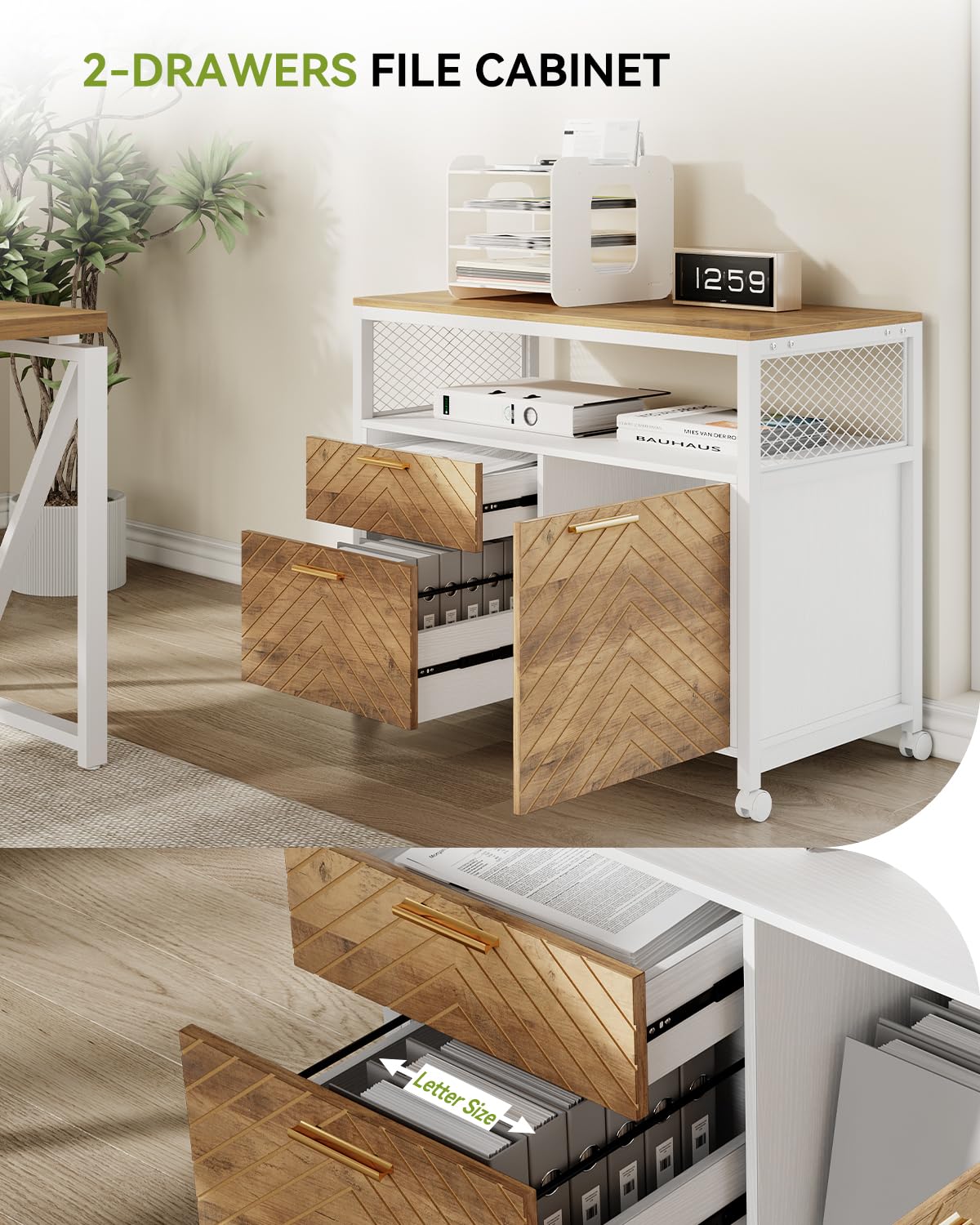 LITTLE TREE 63" L Shaped Executive Computer Desk and Drawer lateral File Cabinet, Walnut