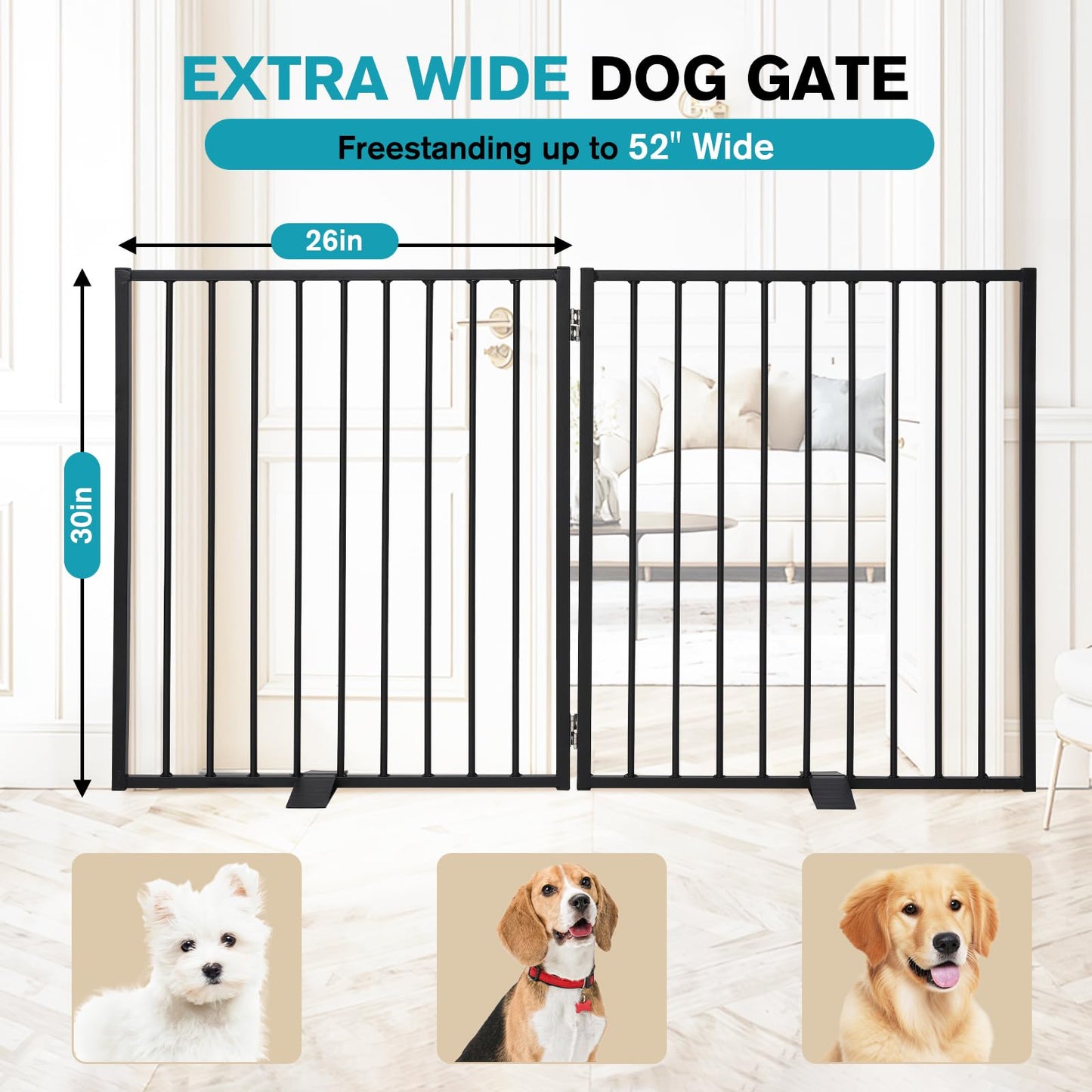 Snagle Paw Extra Wide Dog Gate,Free Standing Dog Fence with Door, Up to 52 Inch Wide Pet Gate with Support Feet for Stairs, Hallways, Doorways, Yard (Black, 2 Panels)
