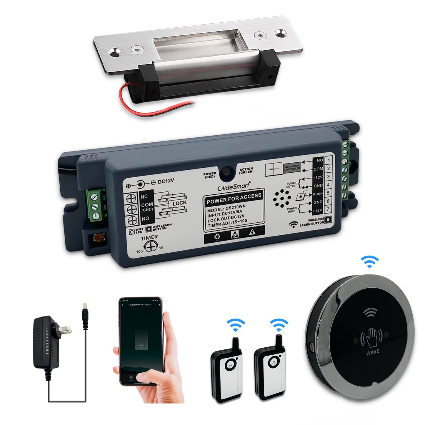 Olideauto Door Entry Locking System,Compatible with Alexa,Google,Phone App,Hand Free Door Access Control Kit,Smart WiFi Built in Receiver+Electric Strike+Touchless Wave Hand Sensor+FoB Keys