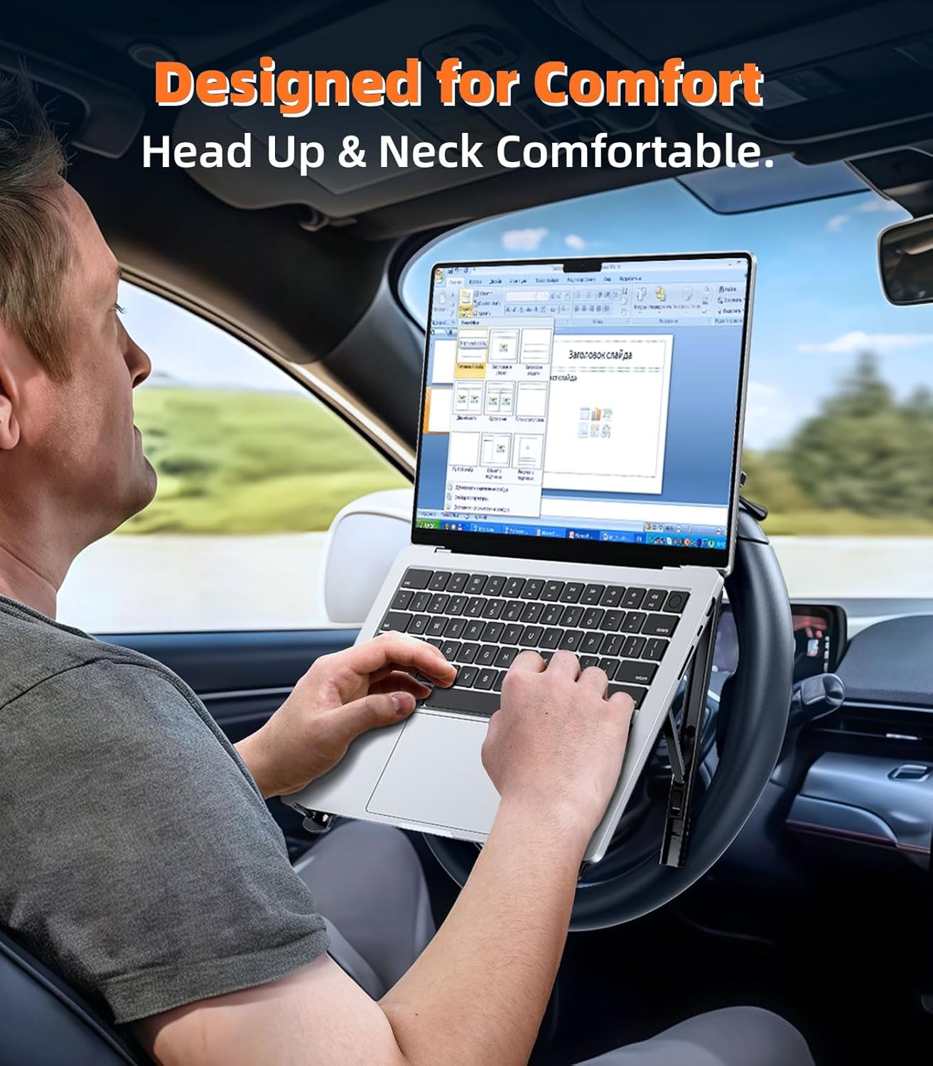 Car Laptop Mount Steering Wheel Tray Holder, Height Adjustable Car Desk for Laptop Computer Tablet, Foldable Portable
