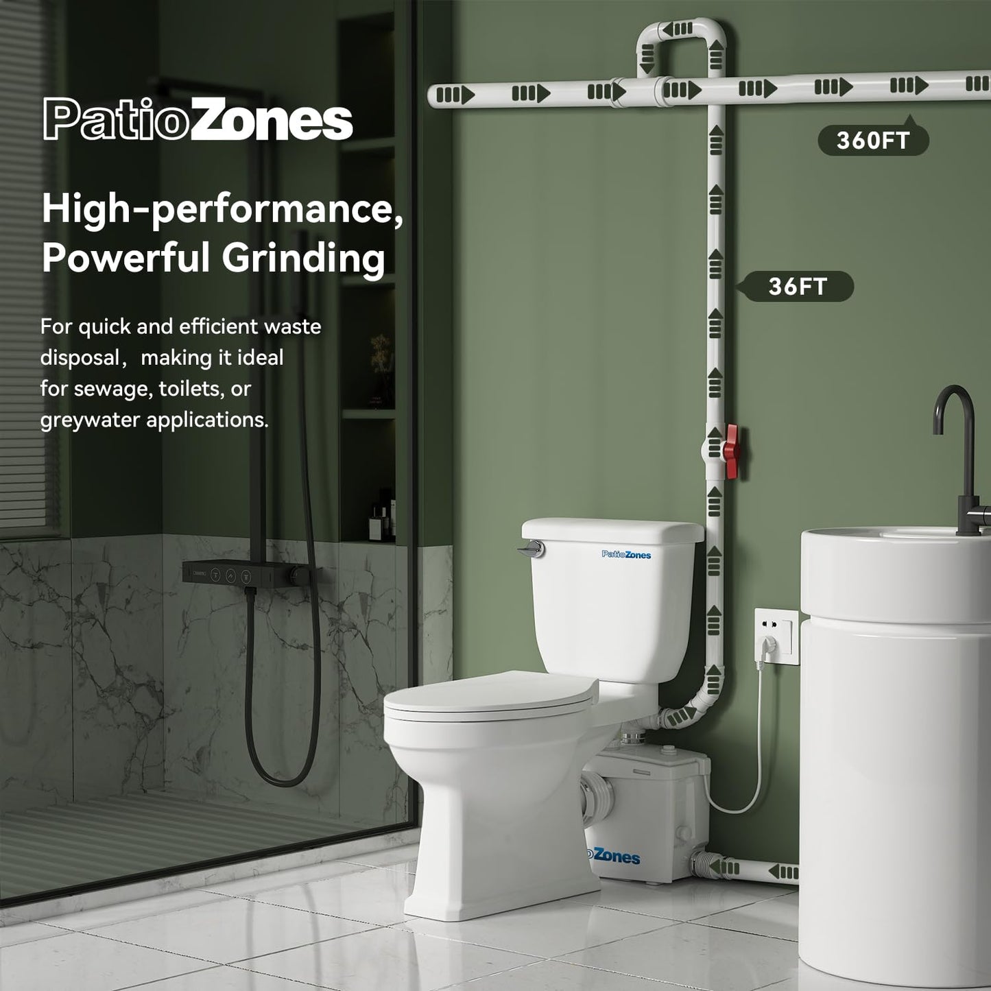 800W Upflush Macerating Toilet for Basement, HIGH POWER Macerator Grinder Pump for Sink/Shower/Bathtub/Laundry, Two Piece Tall Toilet (with Extension Pipe), 36ft Vertical /360ft Horizontal
