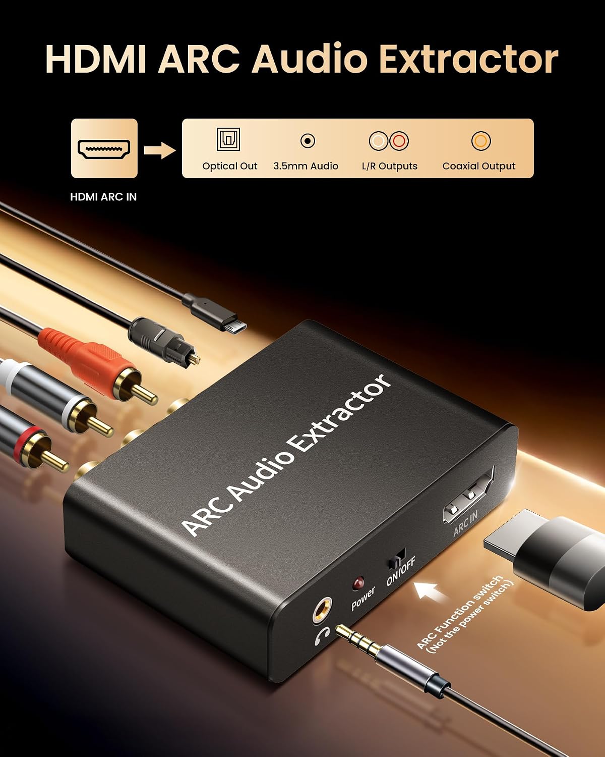 4K@60Hz, 192KHz 3.5mm HDMI ARC Audio Extractor HDMI ARC Audio Adapter Converter Splitter to Optical TOSLINK SPDIF + RCA