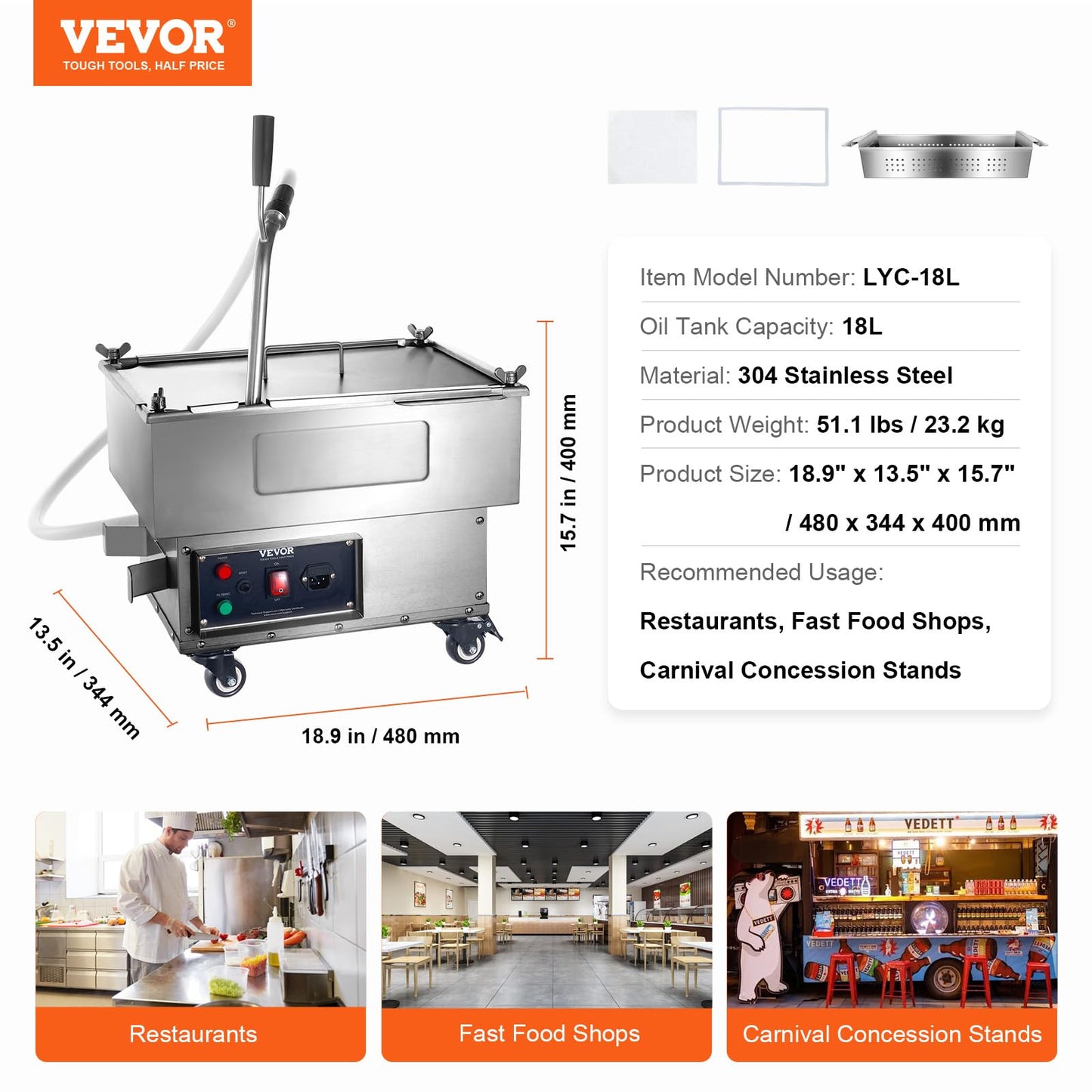 VEVOR Deep Fryer Filter 18 L/44 LBS/5.8 Gal, Frying Oil Filter System Machine 300W, Deep Fryer Oil Filter 10 L/min, Cooking Oil Filter Pump & Oil Hose, Mobile Fryer Filter 110V Kitchen Restaurant