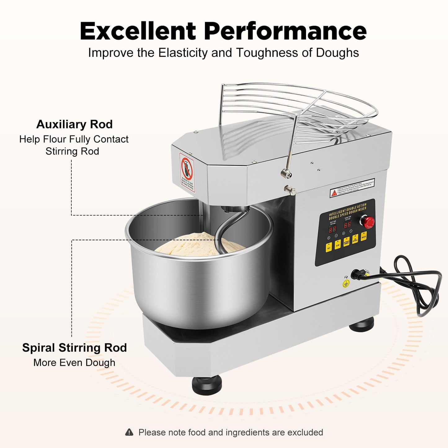 Commercial Food Mixer 2.6 Gal,Commercial Mixer with 100/200RPM Dual Speed, 750W Dough Mixer,Commercial Stand Mixer with Stainless Steel Bowl,Electric Dough Maker for Home Bakery & Restaurant