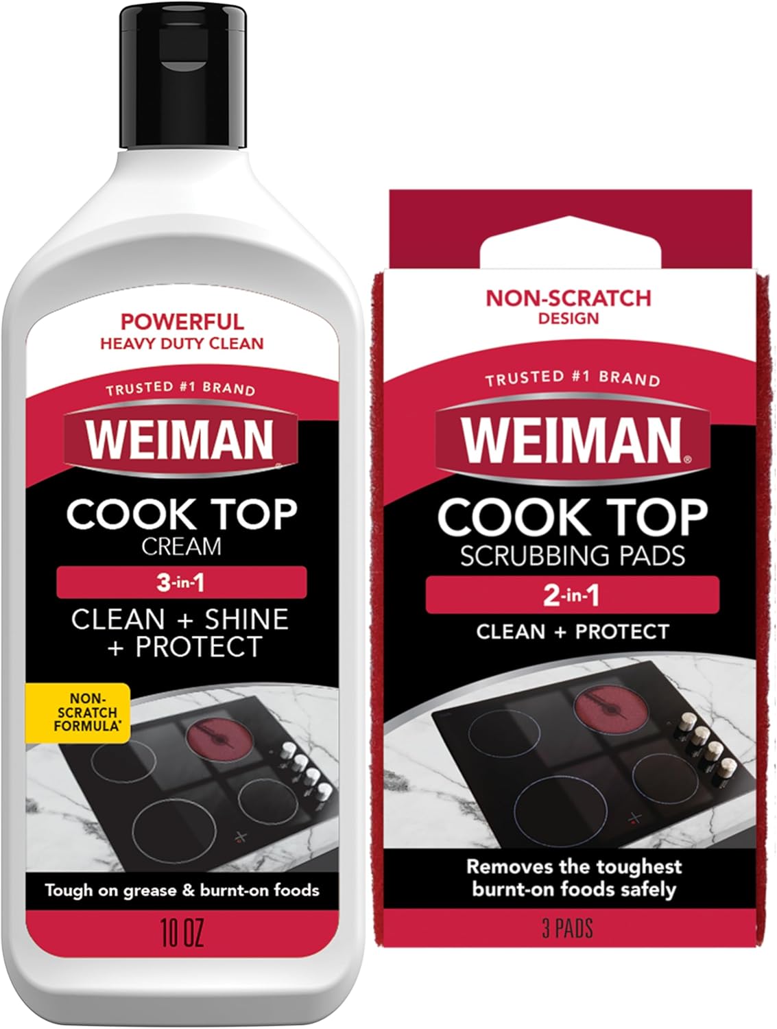 Weiman Ceramic & Glass Cooktop Cleaner - Heavy-Duty Polish with 3 Scrubbing Pads | 10 Ounce Bottle