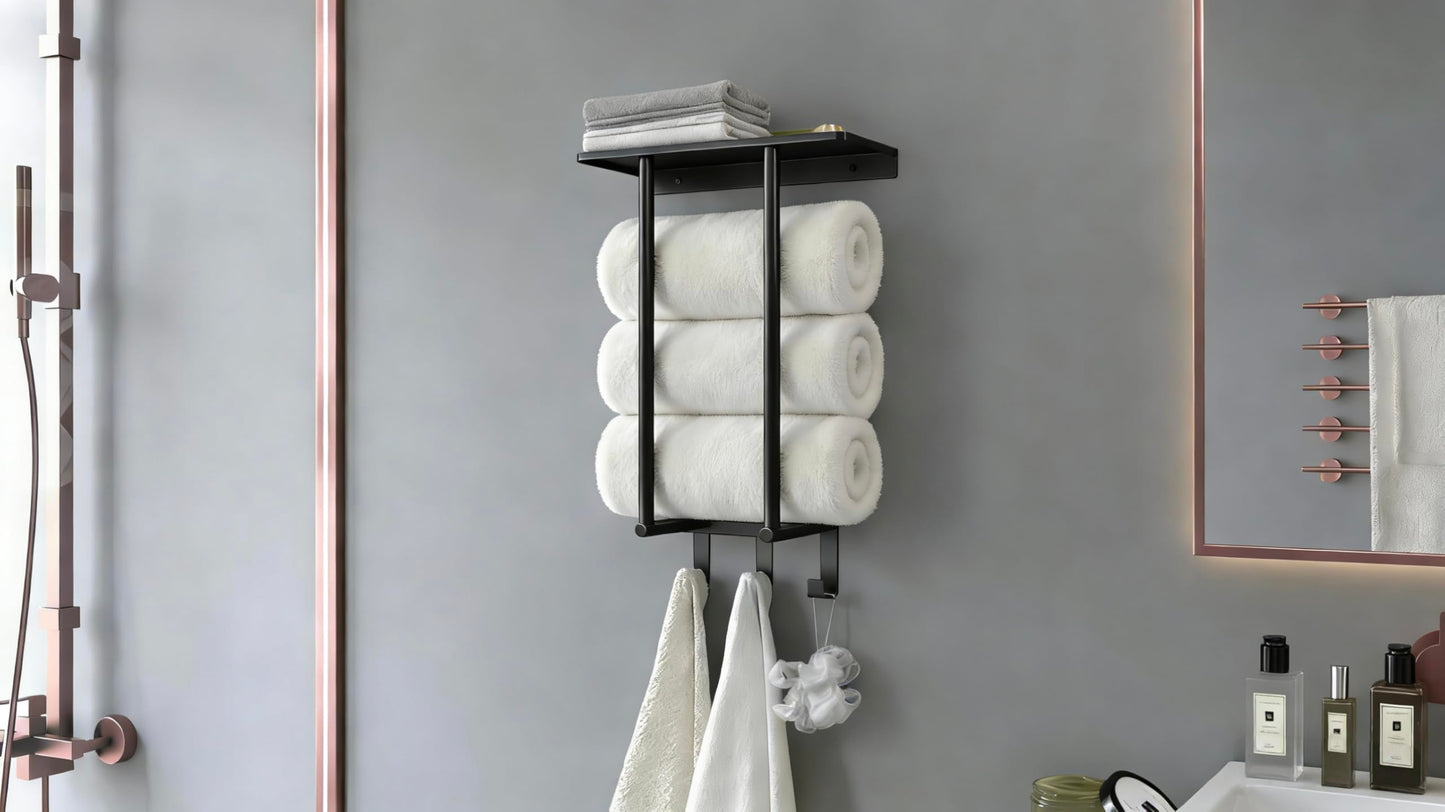 Towel Racks for Bathroom, Bathroom Towel Rack Wall Mounted with Metal Shelf and 3 Hooks for Small Bathroom, Black