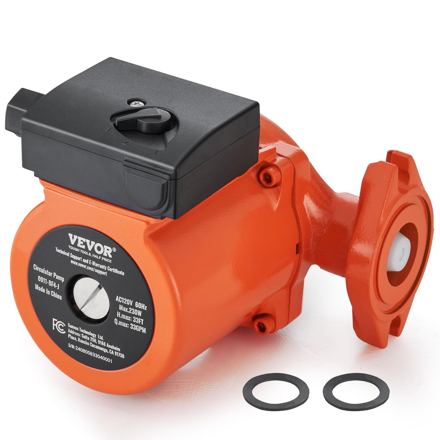 VEVOR 0011-BF4-J Cast Iron Circulating Pump, 33 GPM Hot Water Circulation Pump, 1-1/4" NPT Flange 3-Speed Circulator Pump, Quiet Operation Circulator for Floor Heating/Home Water Heater System