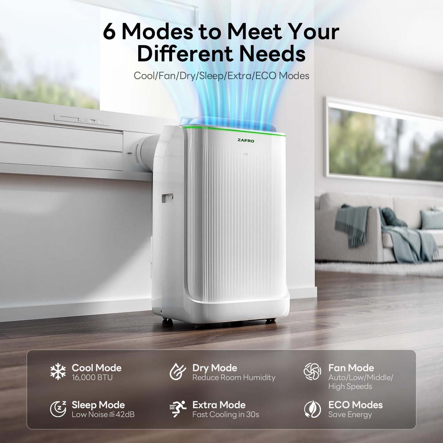 ZAFRO Smart Inverter Portable Air Conditioners, 16000 BTU (12000 BTU SACC) Dual Hose Portable AC Unit with Energy Saving/Ultra Quiet(42dB)/Drainage-free Cooling/APP/Remote for Multi-Scenario Use