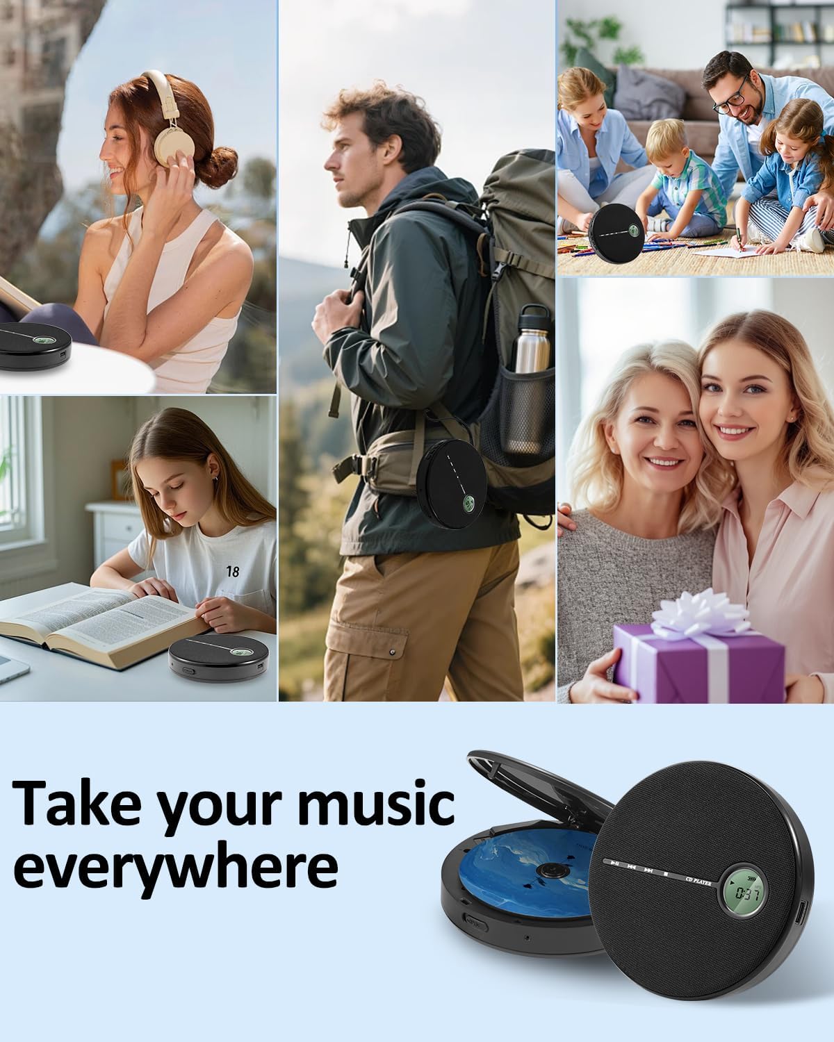 Gelielim Discman Repeat,10 Portable CD Player Bluetooth, Personal CD Player for Car & Home,Small Fabric Music Player