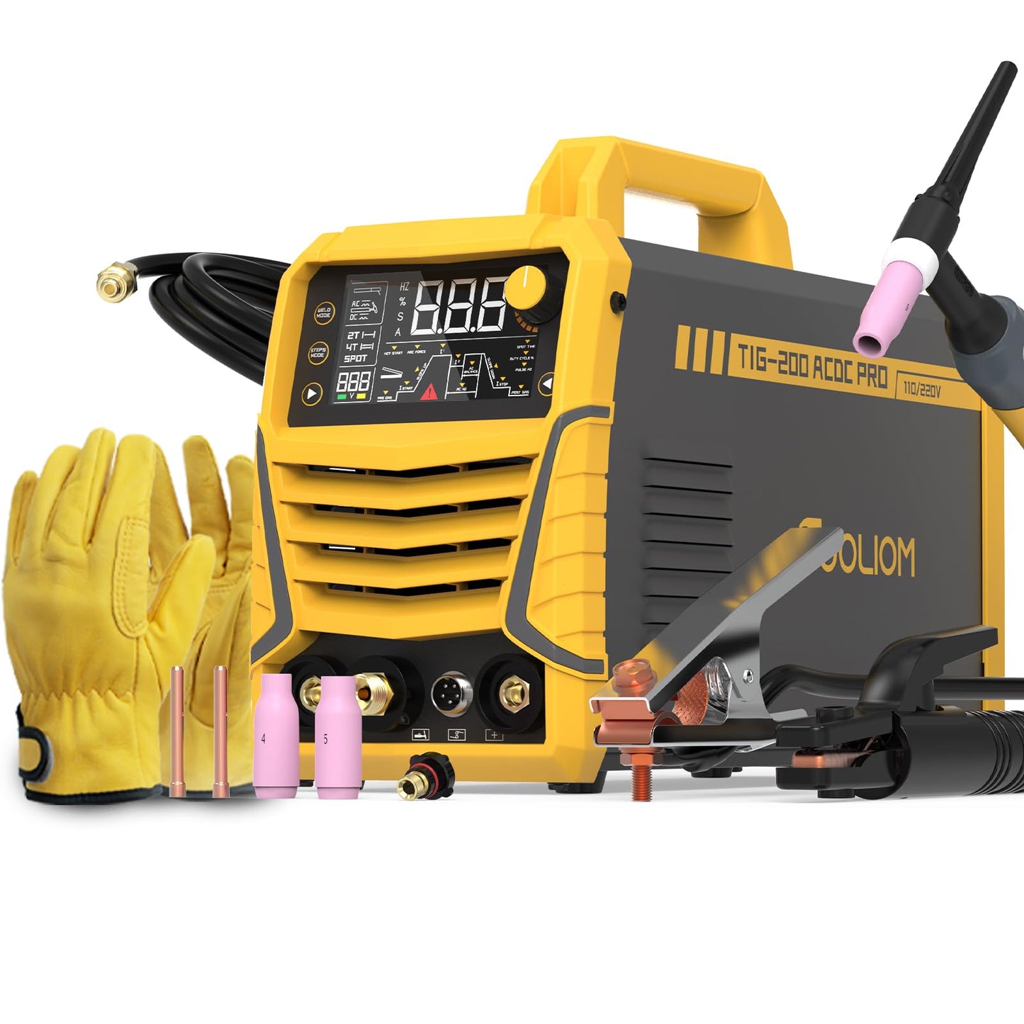 TOOLIOM 200A AC/DC TIG Welder with Pulse, Dual Voltage 110V/220V, Welder with IGBT Inverter, Large LED Display, AC TIG/DC TIG/Pulse TIG/SPOT TIG/Stick Multiprocess Welding Machine
