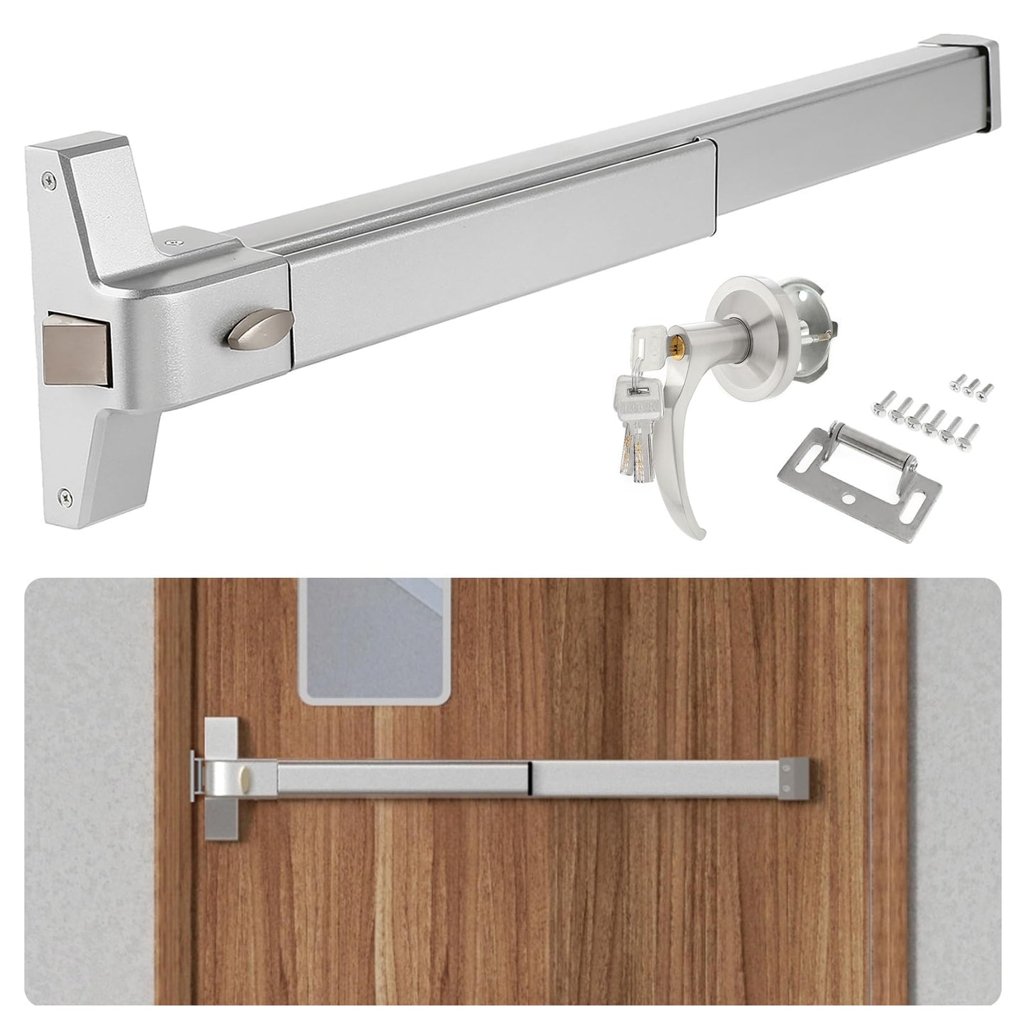 BEAMNOVA 27.5 in Commercial Door Push Bar Panic Exit Device with Exterior Lever Lock Key Roller Strike Plate End Cap Universal Emergency Hardware, for 27.5 to 41 inches Wide Door, Metallic