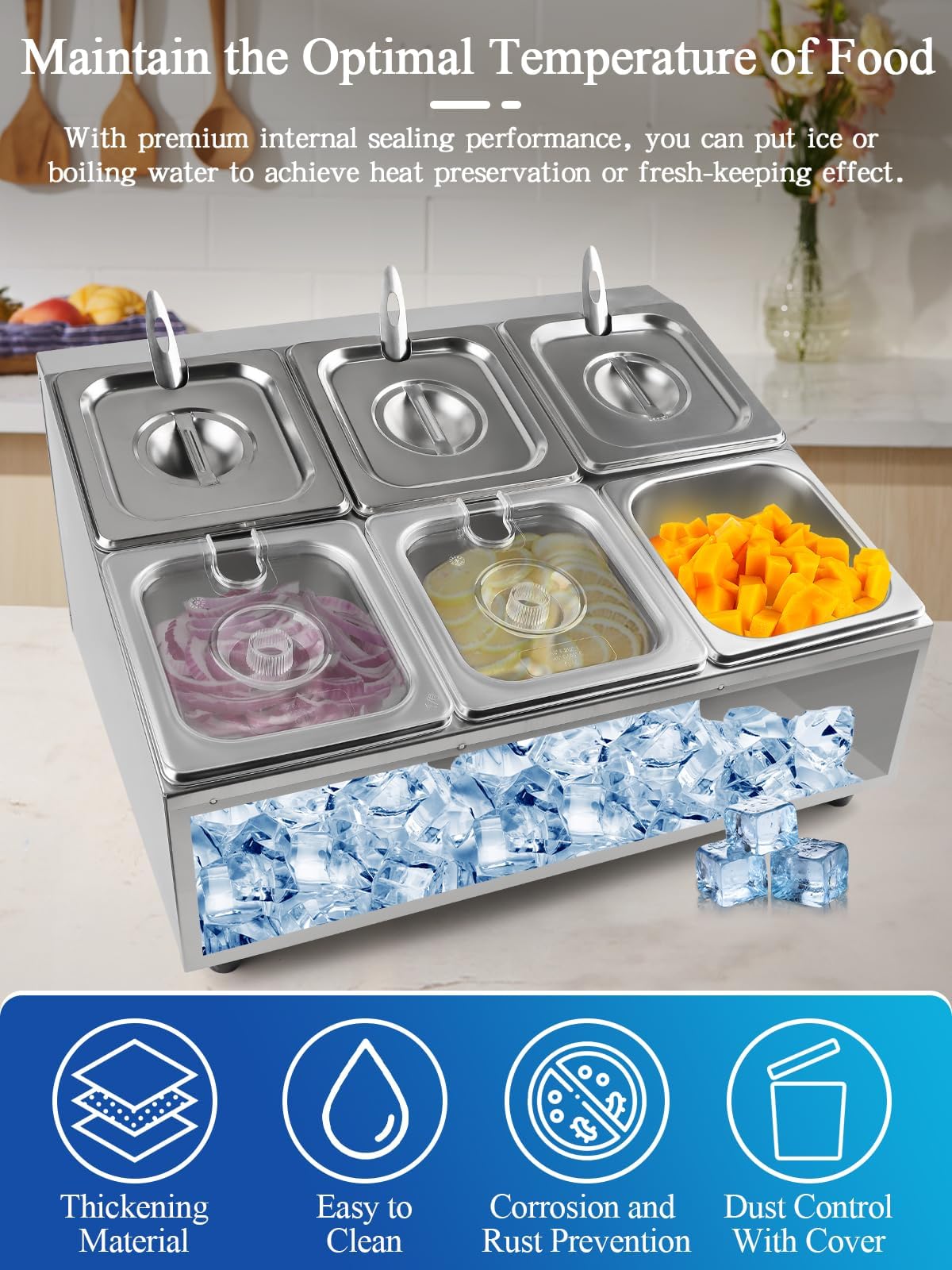 Lanstics 6 Pans Spice Rack Shelf 2 Row Stainless Steel Spice Organizer Stand with Lids Spoons Countertop Inclined Holder Buffet Containers Set for Sauce Jam Fruits Ingredient Kitchen Restaurant Pantry