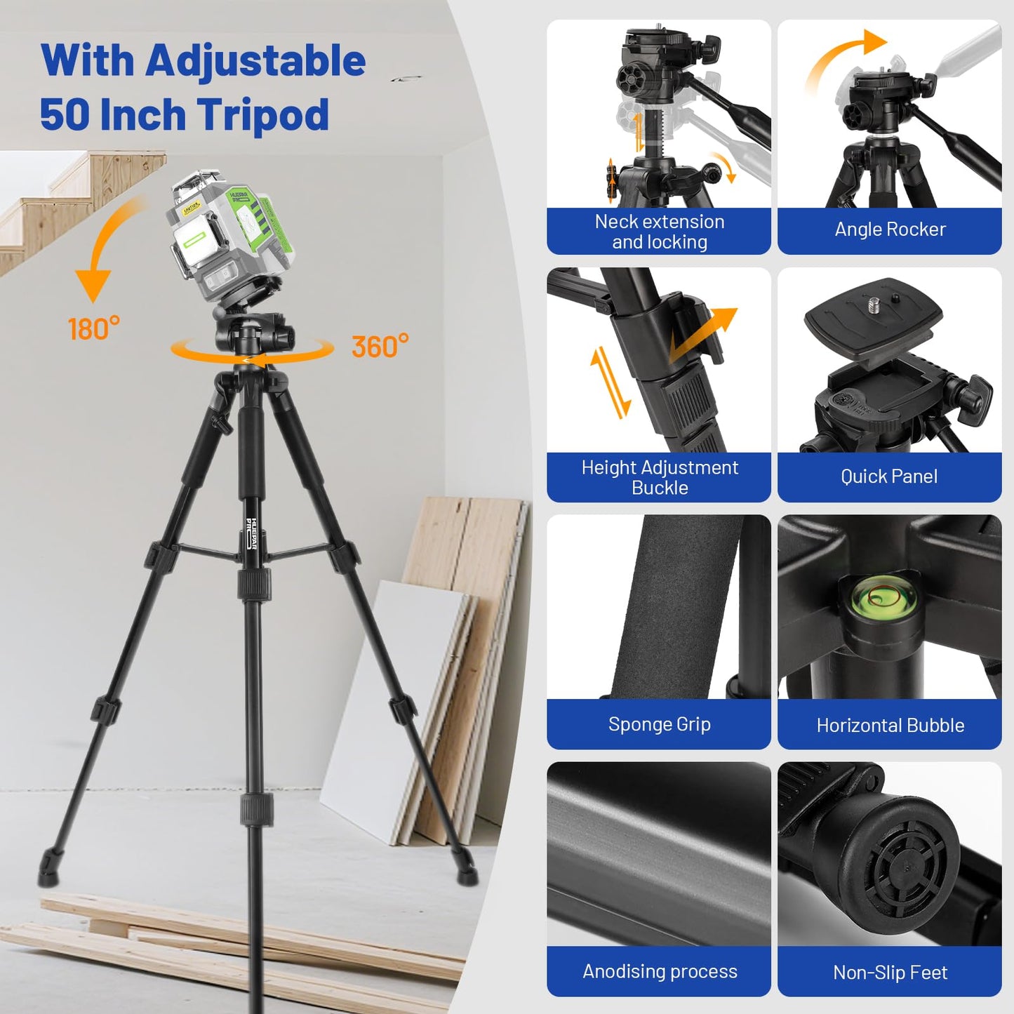 Huepar Pro Laser Level 360 Self Leveling with 50inch Tripod, 3 x 360° High Brightness Green Laser Leveler Tool for Construction, Tile and Picture Hanging, Rechargeable Battery & Magnetic Bracket