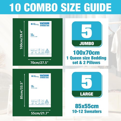 HIBAG Vacuum Storage Bags - 10 Jumbo & Large Space Saver Bags for Clothing & Bedding, Zipper Closure