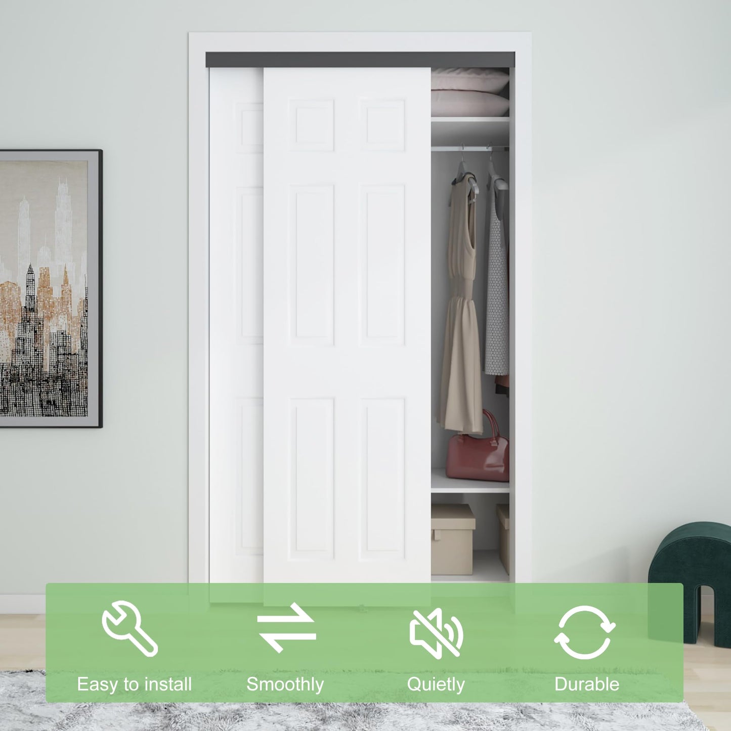 BarnBase 4FT/48" Bypass Door Hardware, Aluminum Double-Closing Sliding Closet Door Hardware with Finger Pull Included, Smoothly and Quietly, Fit Door Thickness 1 3/8" or 1 3/4", Black