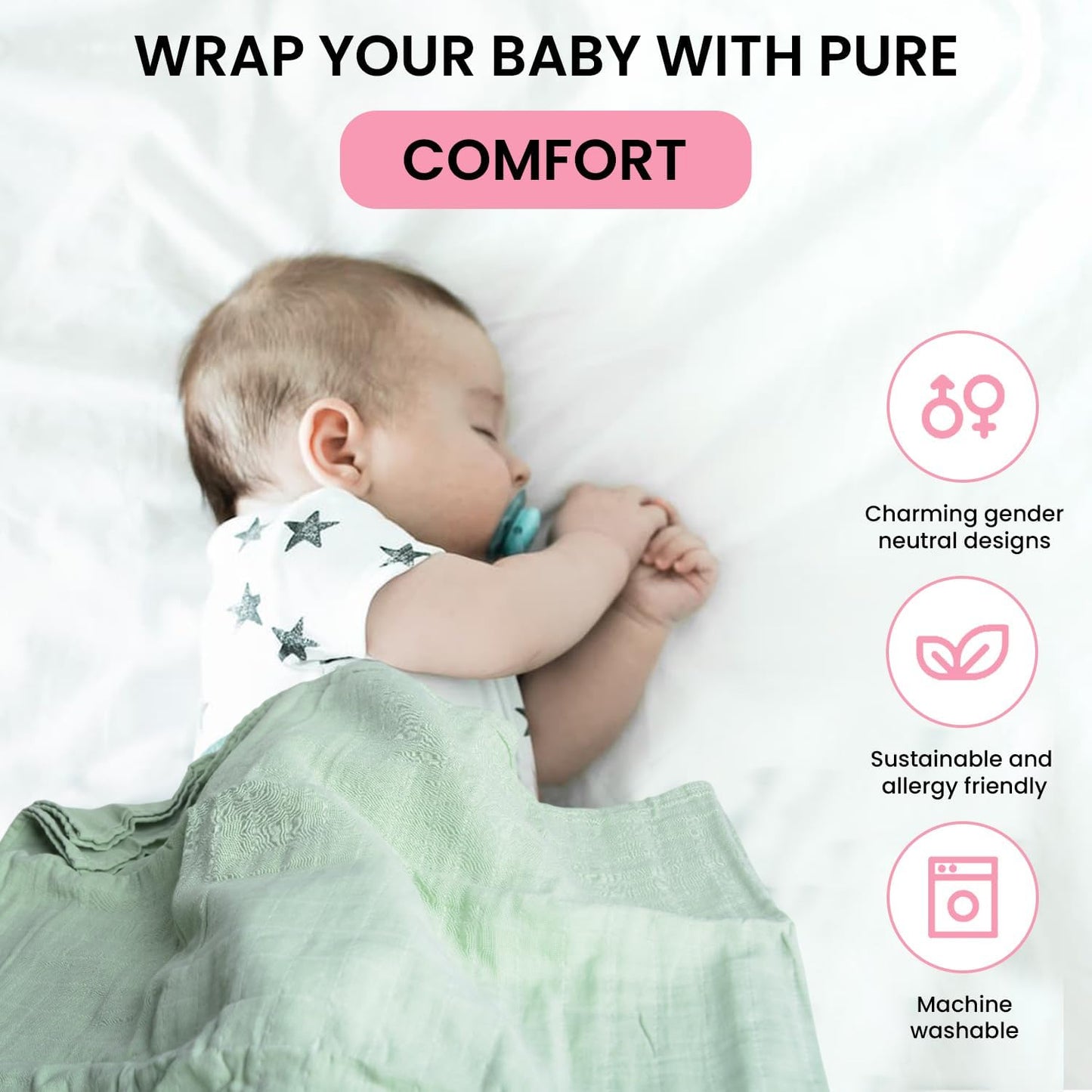 Skiennix Organic Muslin Swaddle Blankets - 100% Cotton, Soft & Breathable, 3-Pack, 47 x 47 Inches