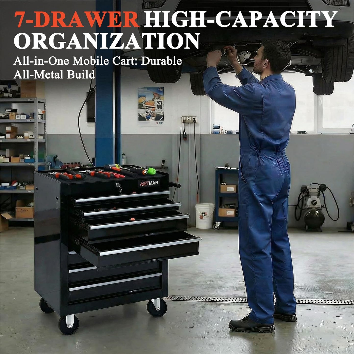 nifoti 7 Drawers Tool Cart on Wheels,Multifunctional Rolling Tool Chest Tool Storage,Drawers Rolling Tool Trolley Organizer Tool Case for Garage,Warehouse,Workshop,Repair Shop (7 Drawers-Black)