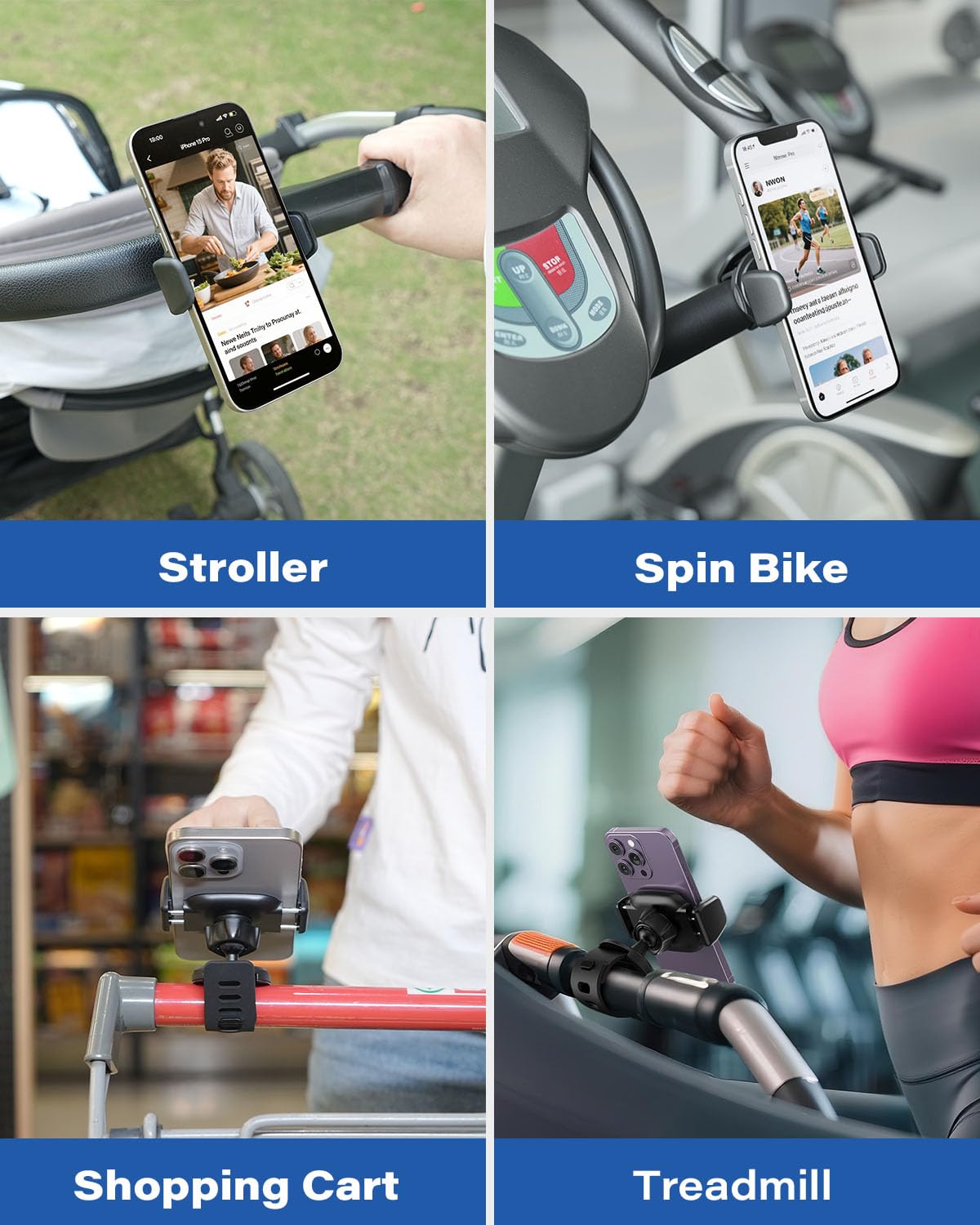 OQTIQ Phone Holder for Peloton Bike, Exercise Bike 360° Rotatable Handlebar Phone Mount with Adjustable Silicone Strap for Stroller, Shopping Cart, Gym – Fit for 4.7"-6.9" Smartphones