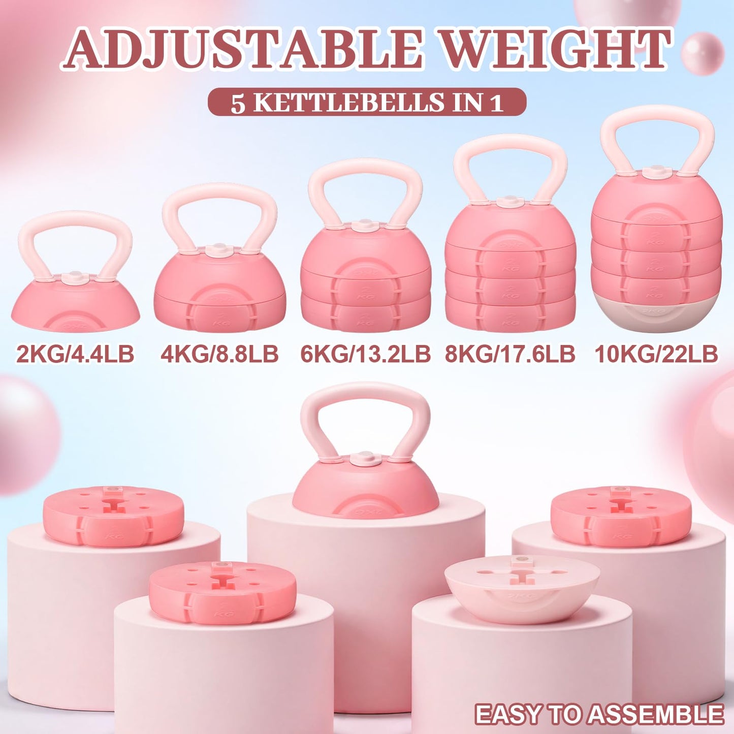 JolliLudo Adjustable Water Filled Kettlebell 5/8/13/17/22 lb Water Filled Kettlebells Weights Set for Home Gym, Kettle Bell Sets for Women at Home and Cross-training Exercise(Pink)
