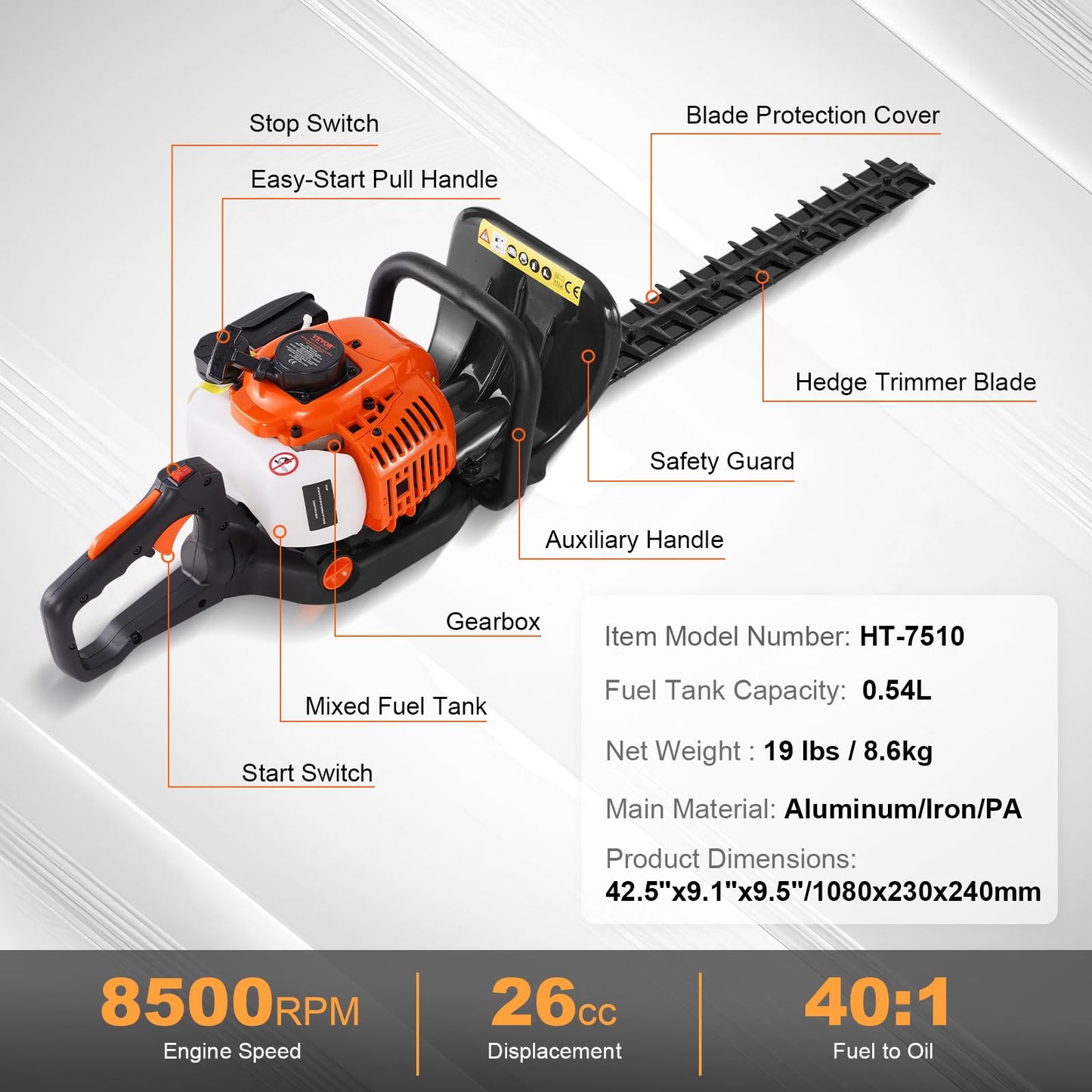 VEVOR Gas Hedge Trimmer 2 Cycle, 23.2-Inch 26cc Dual Sided Blade, Handheld, Lightweight, EPA, CE, EMC Certified, Ideal for Trimming Shrubs and Bushes, Includes Blade Cover, Gloves and Ear Protectors