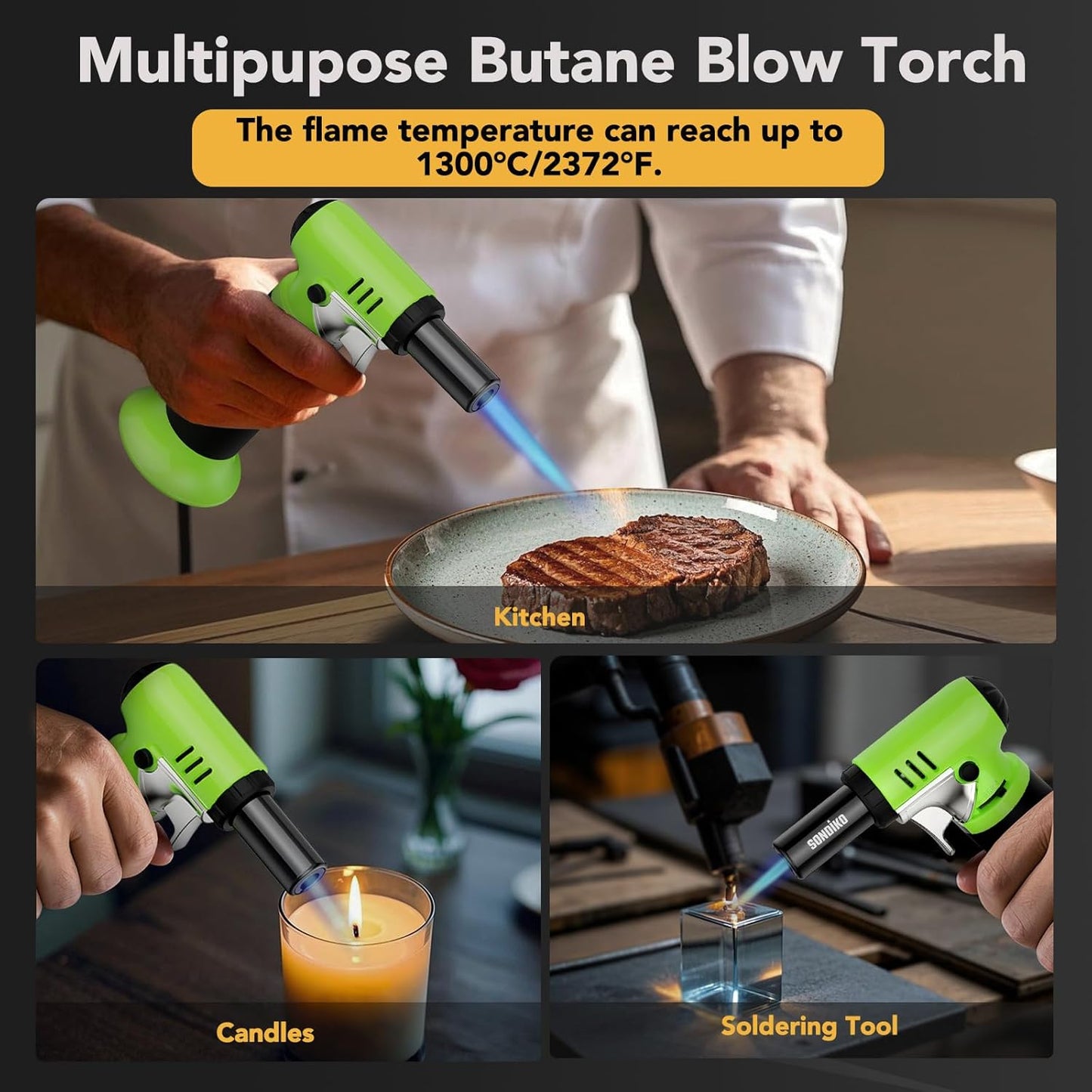 Sondiko Butane Torch - Refillable Soldering Lighter with Adjustable Flame & Fuel Gauge | Green & Black