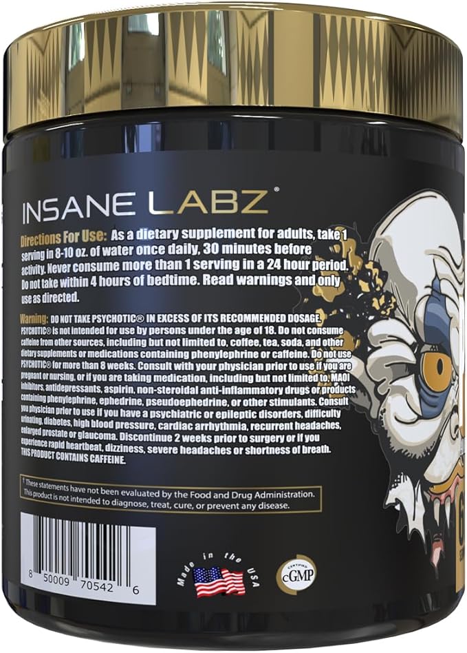 Insane Labz Psychotic Gold, High Stimulant Pre Workout Powder, Extreme Lasting Energy Focus, Pumps and Endurance with Beta Alanine, DMAE Bitartrate, NO Booster (60 Servings, Blue Punch)
