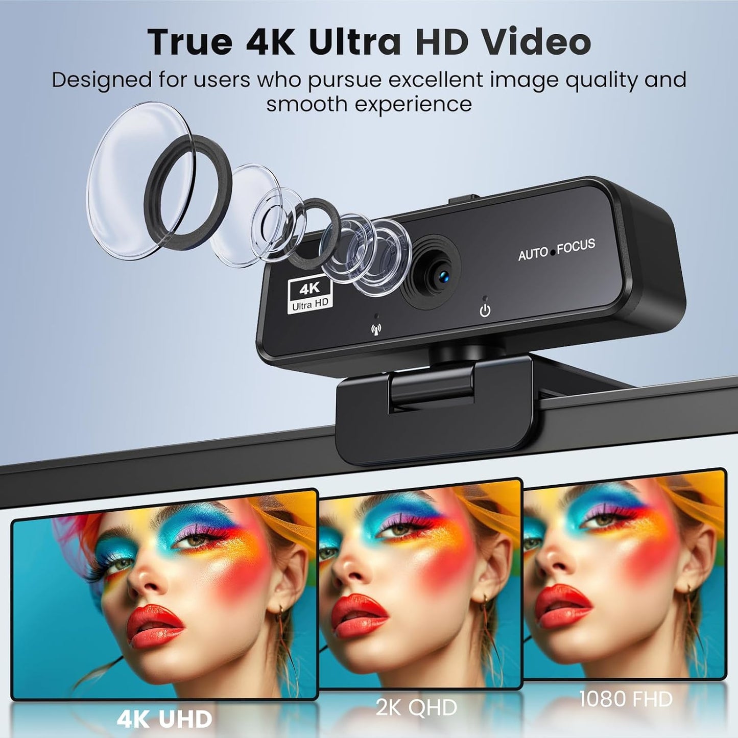 cbeyook 4K 90 Basic Autofocus Webcam, Wide Angle Computer Camera with Adjustable Monitor Clip, Built-in Mic & Plug