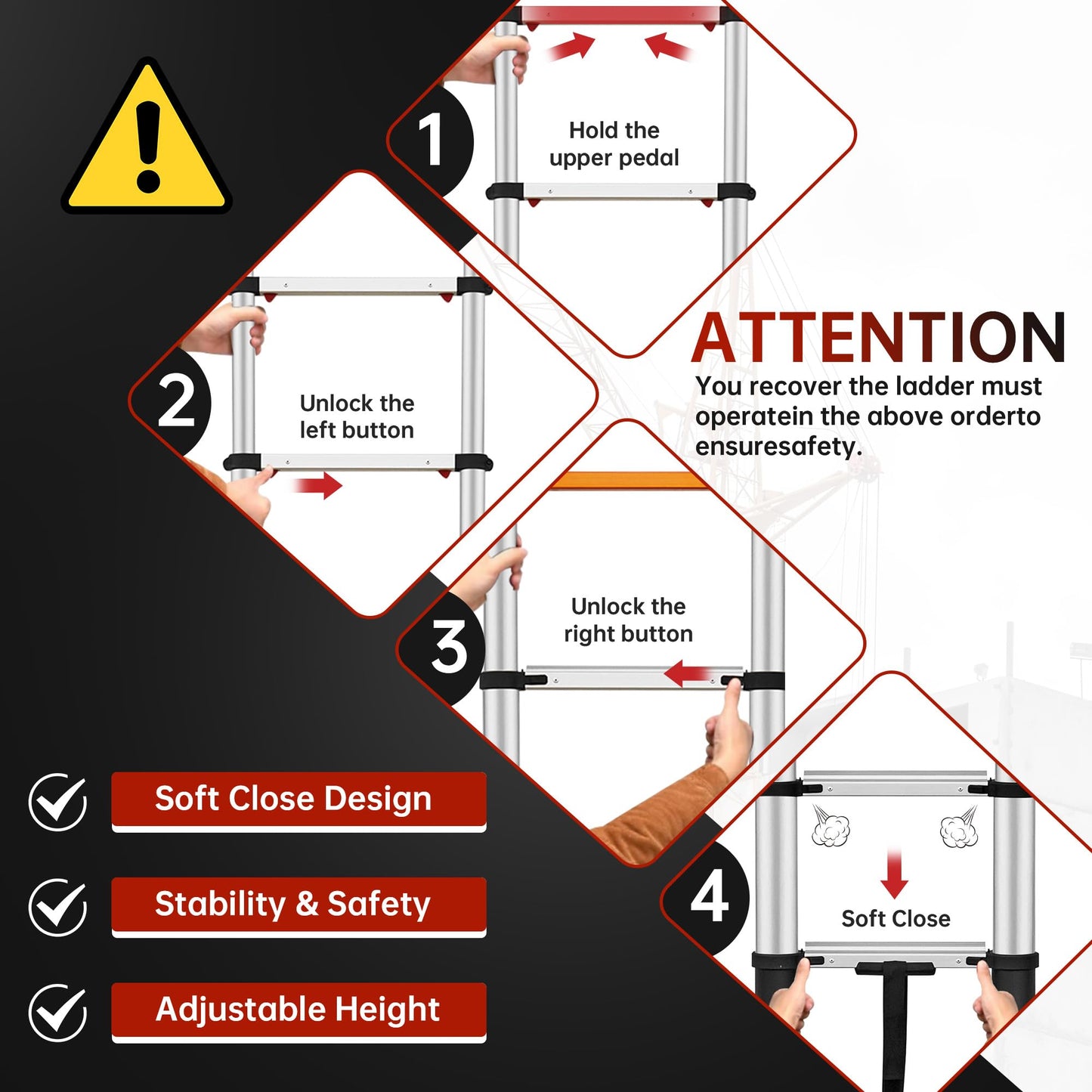 ICARRY Telescoping Ladder 10.8 FT Aluminum Ladder, 300lb Capacity Safety Extension Ladder, Soft Close Collapsible Ladder with Non-Slip Feet, Multi-Purpose Compact Ladder for Home, RV, Loft