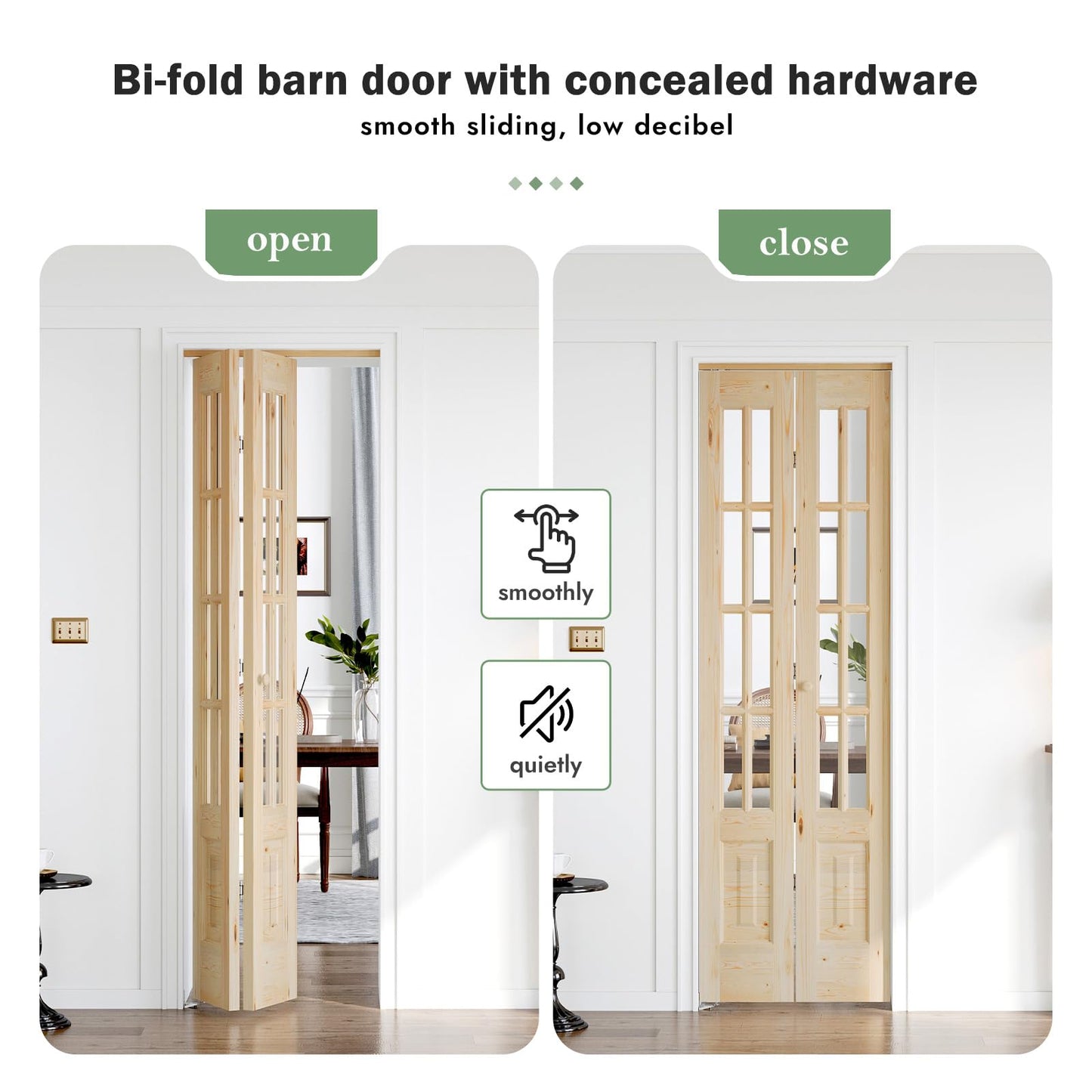 Roymelo Bifold Doors for 24"×80" Opening, Clear Glass French Interior Folding Barn Door with Concealed Hardware Kit Included, Spruce Wood Support DIY Dyeing, Preassembled Door, Save Space