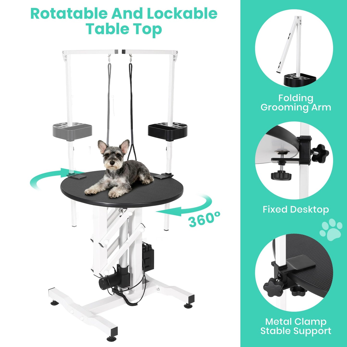 Garvee 24 Inch Electric Hydraulic Lift Pet Dog Grooming Table, Rotating Grooming Desktop for Small Pet, with Overhead Arm, Foot Remote, Tool Organizer, Capacity 250LBS