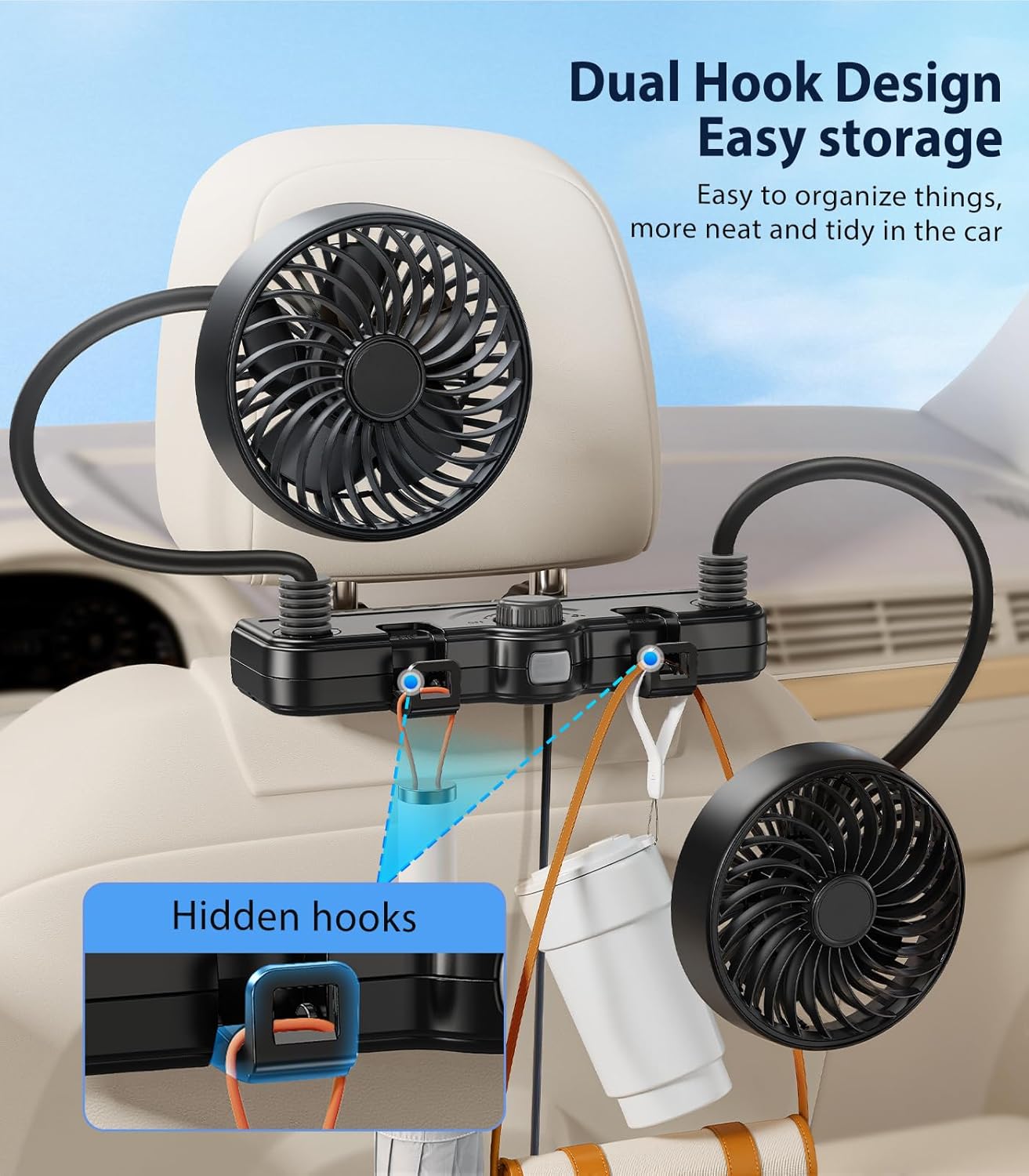 360 2 Dual Hose USB Fan for Car SUV RV Pickup Vehicle Headrest, Car Seat Fan for Baby Kids Rear Facing - Quiet Stepless