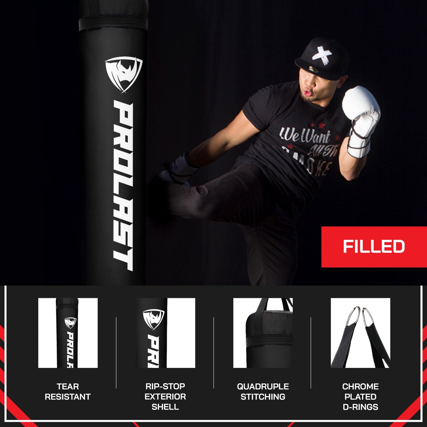 PROLAST Heavy Punching Kicking Bag for Adults, Boxing, MMA, Martial Arts, Muay Thai, Strength Training Equipment, Filled, 6ft, 150 lbs, Special Edition Logo, All Black